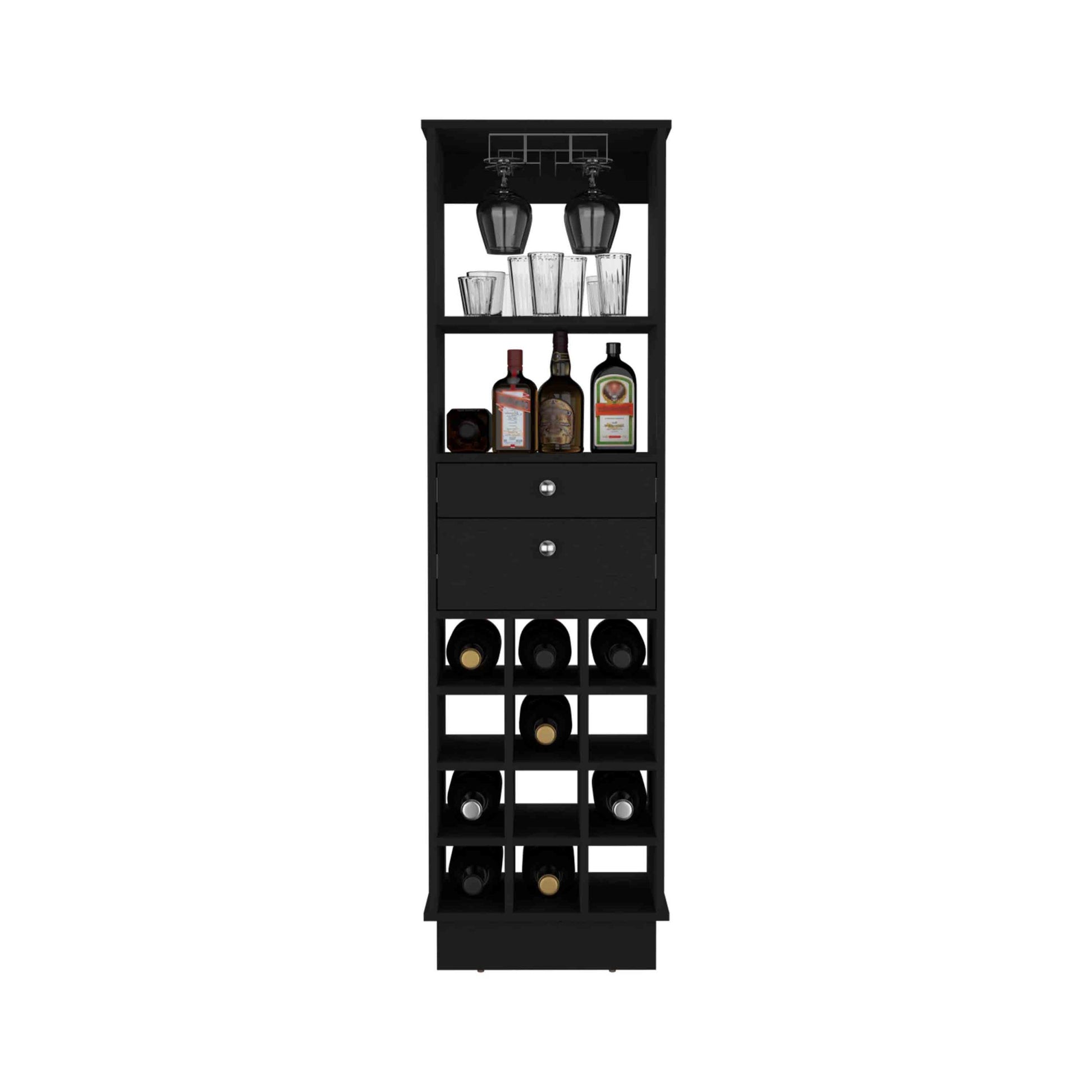 32" H Black Bar Coffee Cart, Kitchen Or Living Room Cabinet Storage, With 4 Wheels, Folding Surface, 2 Central Drawers Covered By Folding Doors, Ideal For Storing Glasses, And Snacks. Black Particle Board Particle Board