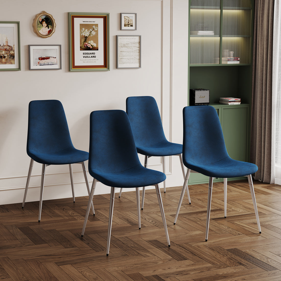 Fabric Dining Chairs Set Of 4, Upholstered Armless Accent Chairs, Classical Appearance And Metal Legs Blue Fabric