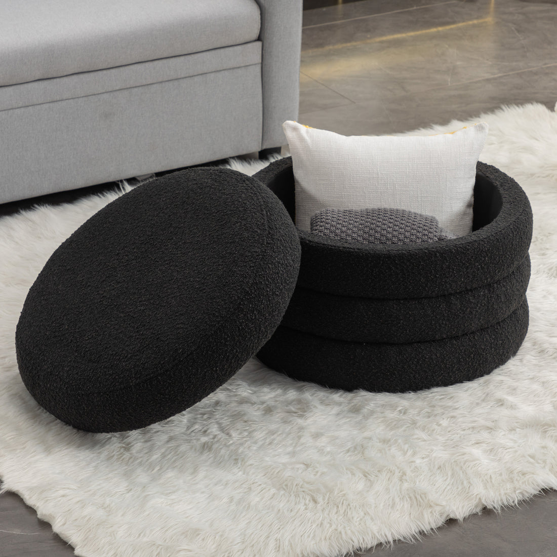 007 Boucle Fabric Storage Round Ottoman Footstool With Wooden Shelving,Black White Wood Primary Living Space Black Solid Eucalyptus Wood With Storage Black Backless Soft Modern Flip Top Round