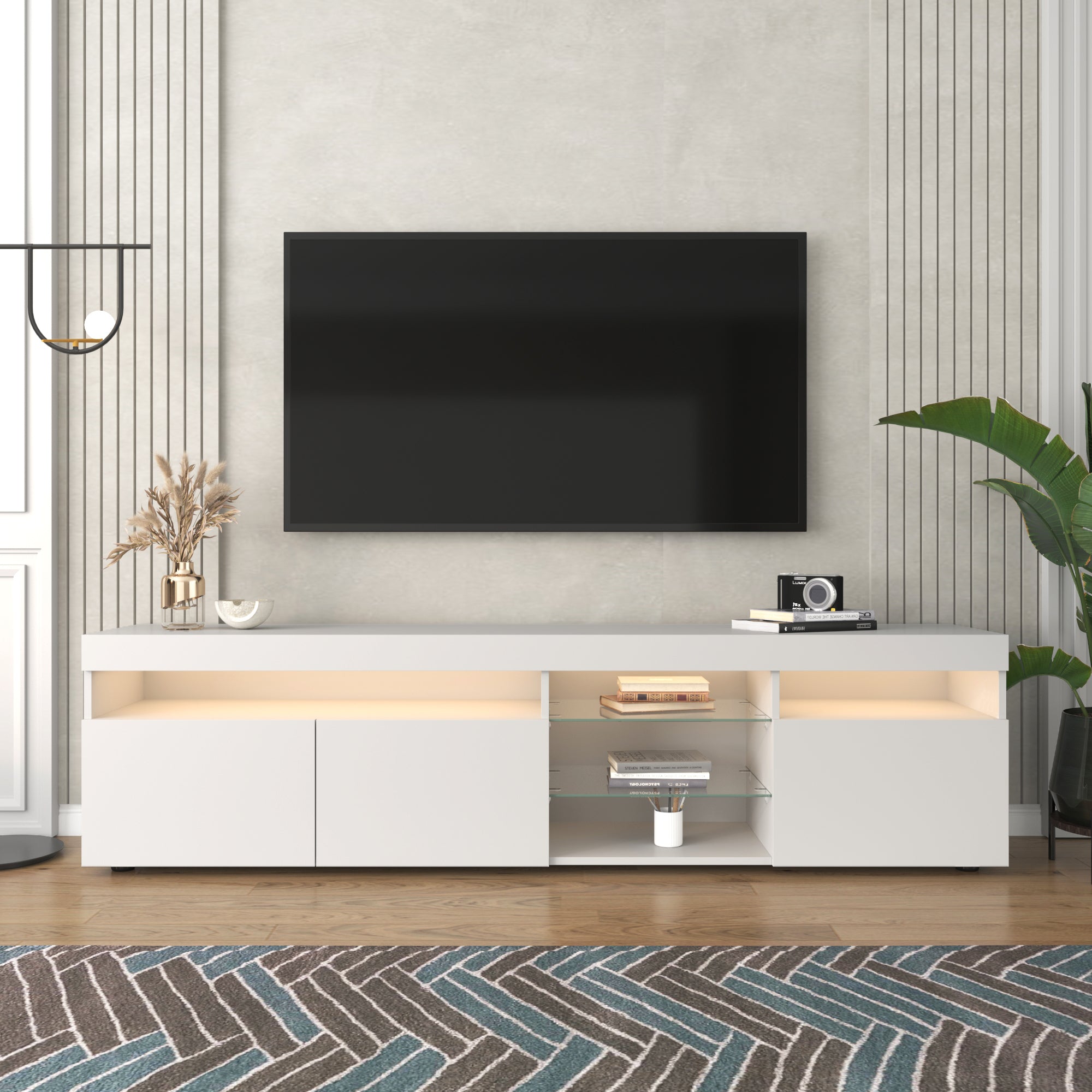 Modern Design Tv Stands For Tvs Up To 80'', Led Light Entertainment Center, Media Console With Multi Functional Storage, Tv Cabinet For Living Room,Bedroom, Home Theatre White Primary Living Space 70 79 Inches 70 79 Inches Particle Board