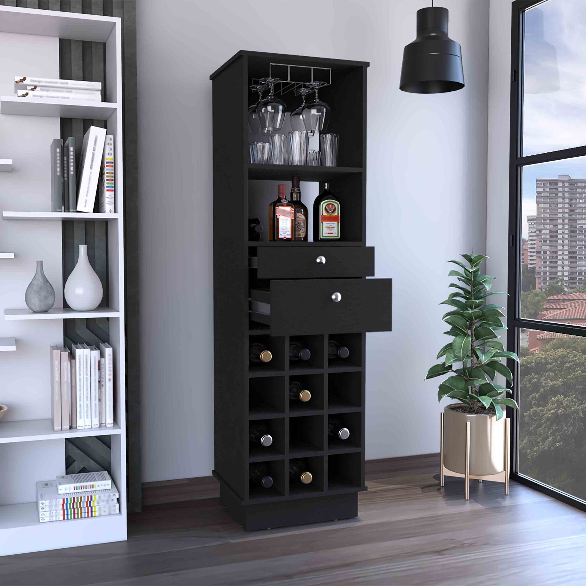 32" H Black Bar Coffee Cart, Kitchen Or Living Room Cabinet Storage, With 4 Wheels, Folding Surface, 2 Central Drawers Covered By Folding Doors, Ideal For Storing Glasses, And Snacks. Black Particle Board Particle Board