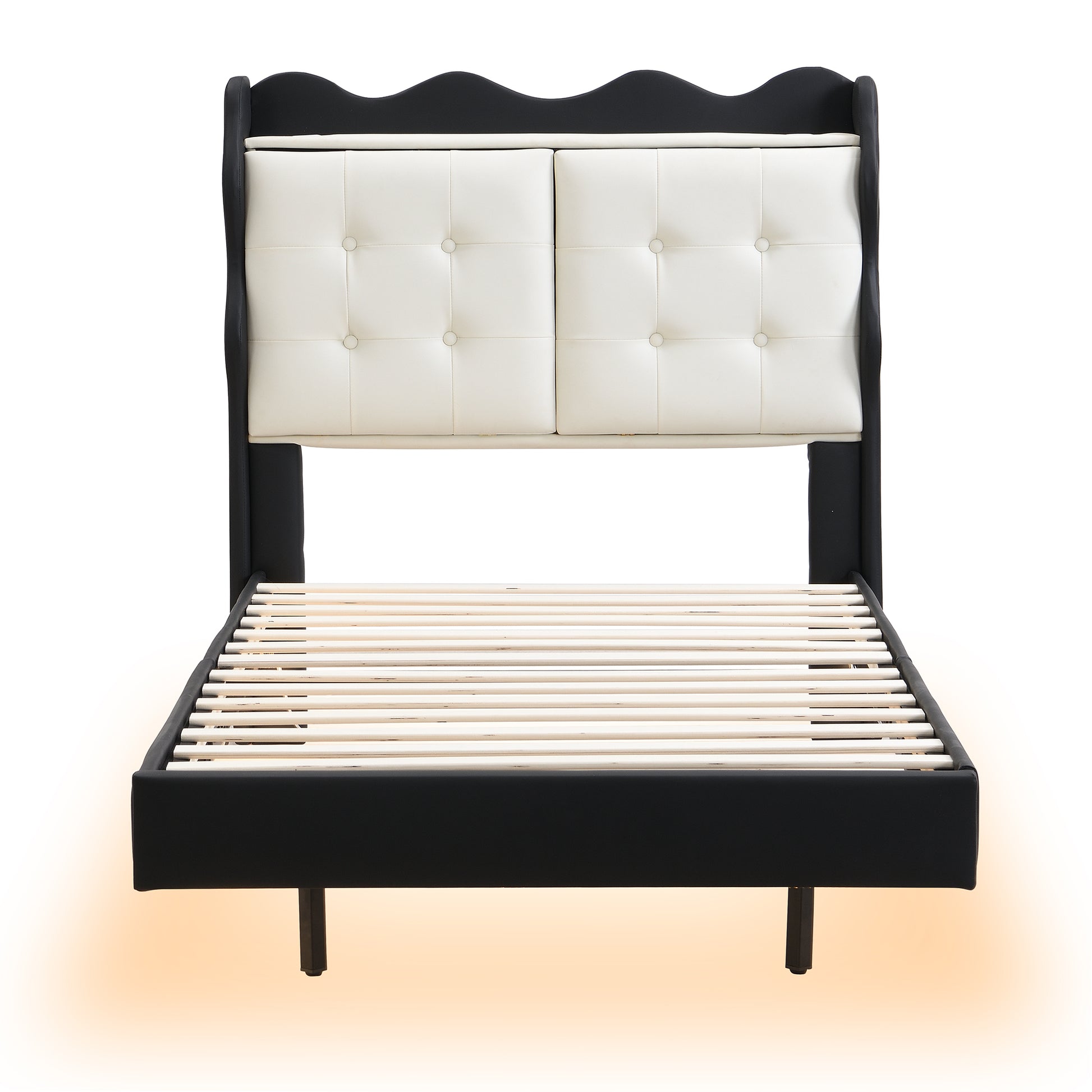 Twin Size Upholstery Platform Bed Frame With Led Light Strips,Headboard Storage Space And Two Usb Charging Deisgn,Black Black Upholstered