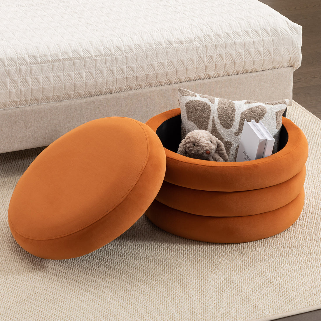 007 Velvet Fabric Storage Round Ottoman Footstool With Wooden Shelving,Orange White Wood Primary Living Space Orange Solid Eucalyptus Wood With Storage Orange Velvet Velvet Backless Soft Modern Flip Top Round Armless Foam Velvet