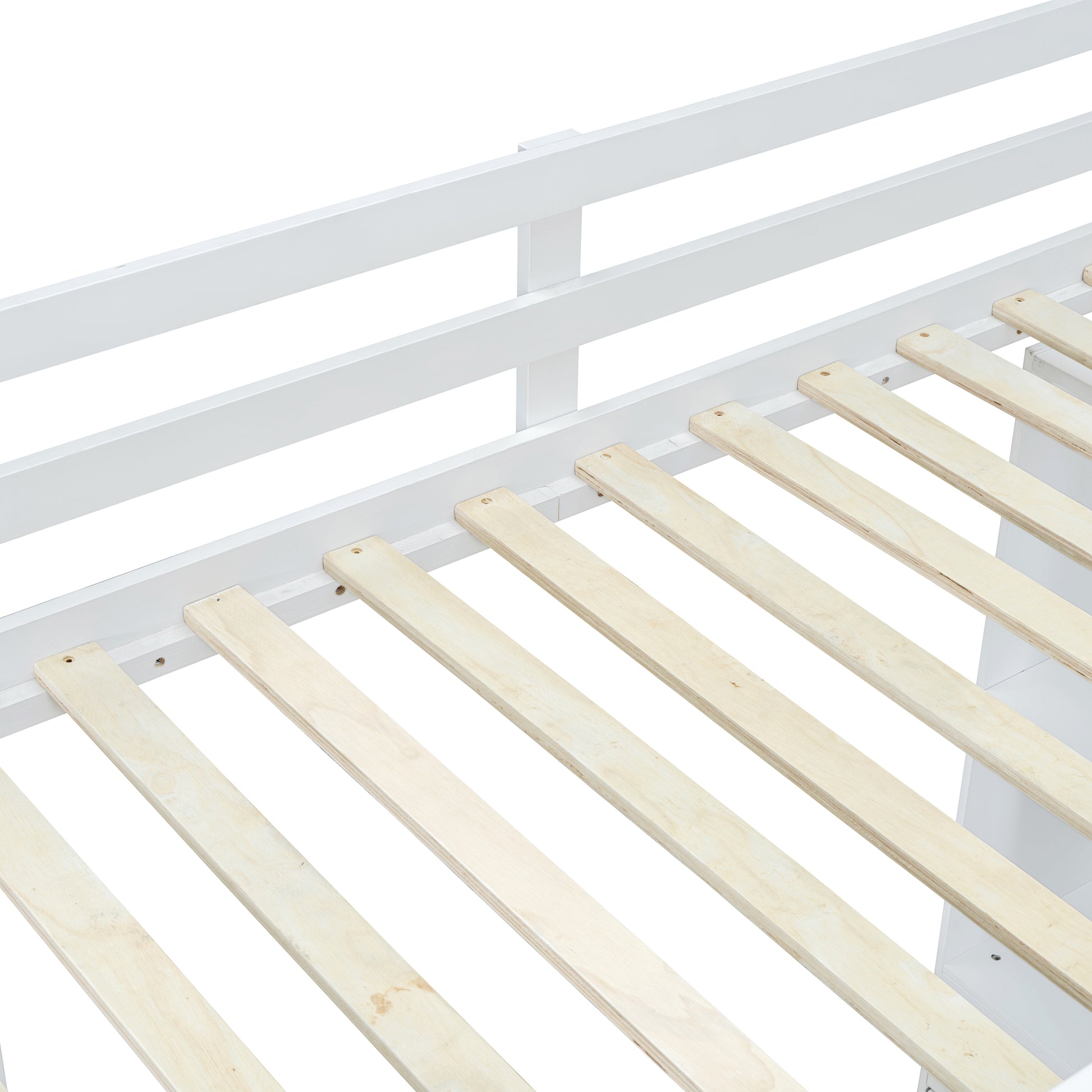 Full Size Loft Bed With Large Shelves, Writing Desk And Led Light, White White Solid Wood Mdf