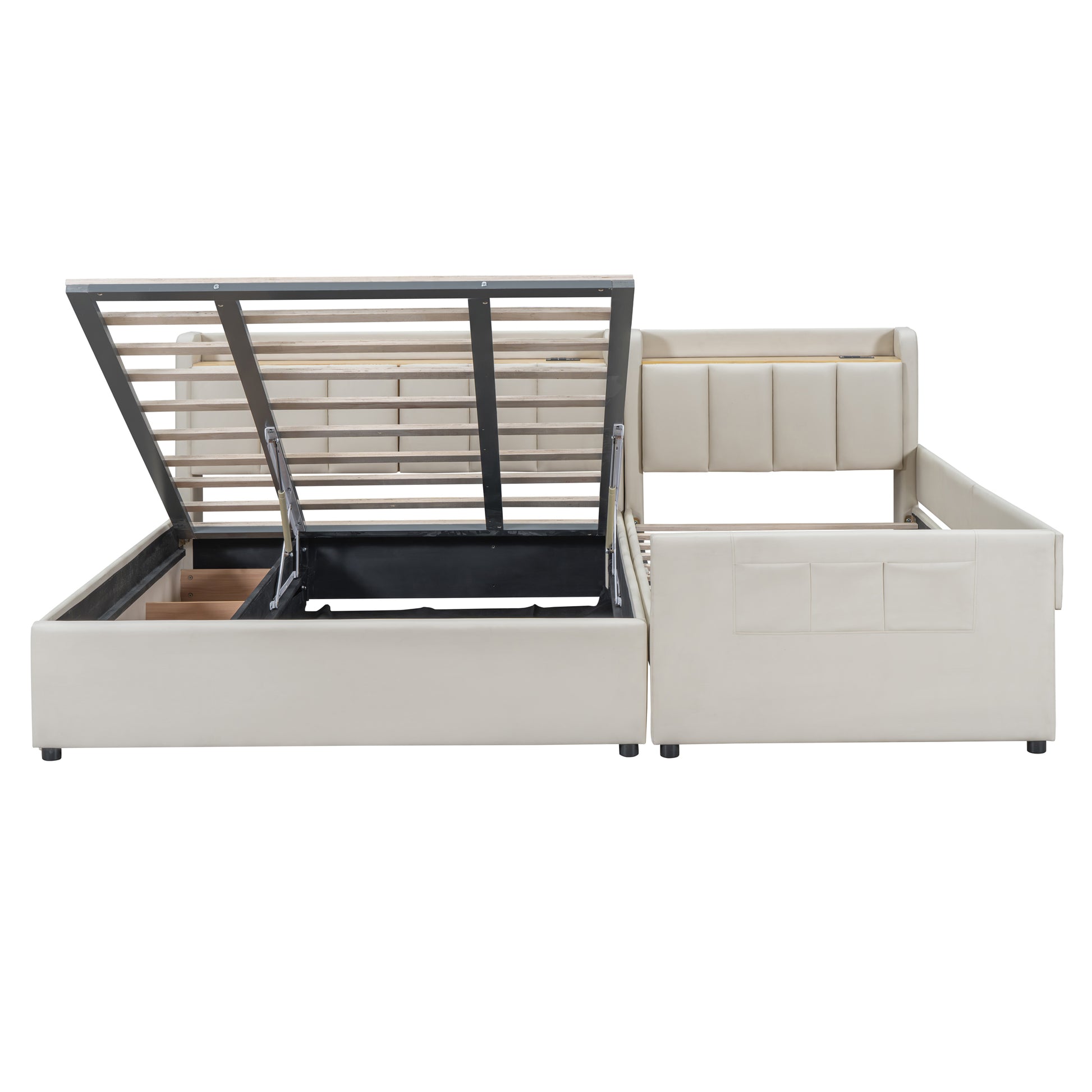 Queen Size & Twin Xl Size Upholstered Platform Bed, Mother & Child Bed With Hydraulic Storage System, Drawer Box, Bedhead Storage Shelf And Two Pairs Of Sockets & Usb Ports, Pu Leather, Beige Beige Pu Leather