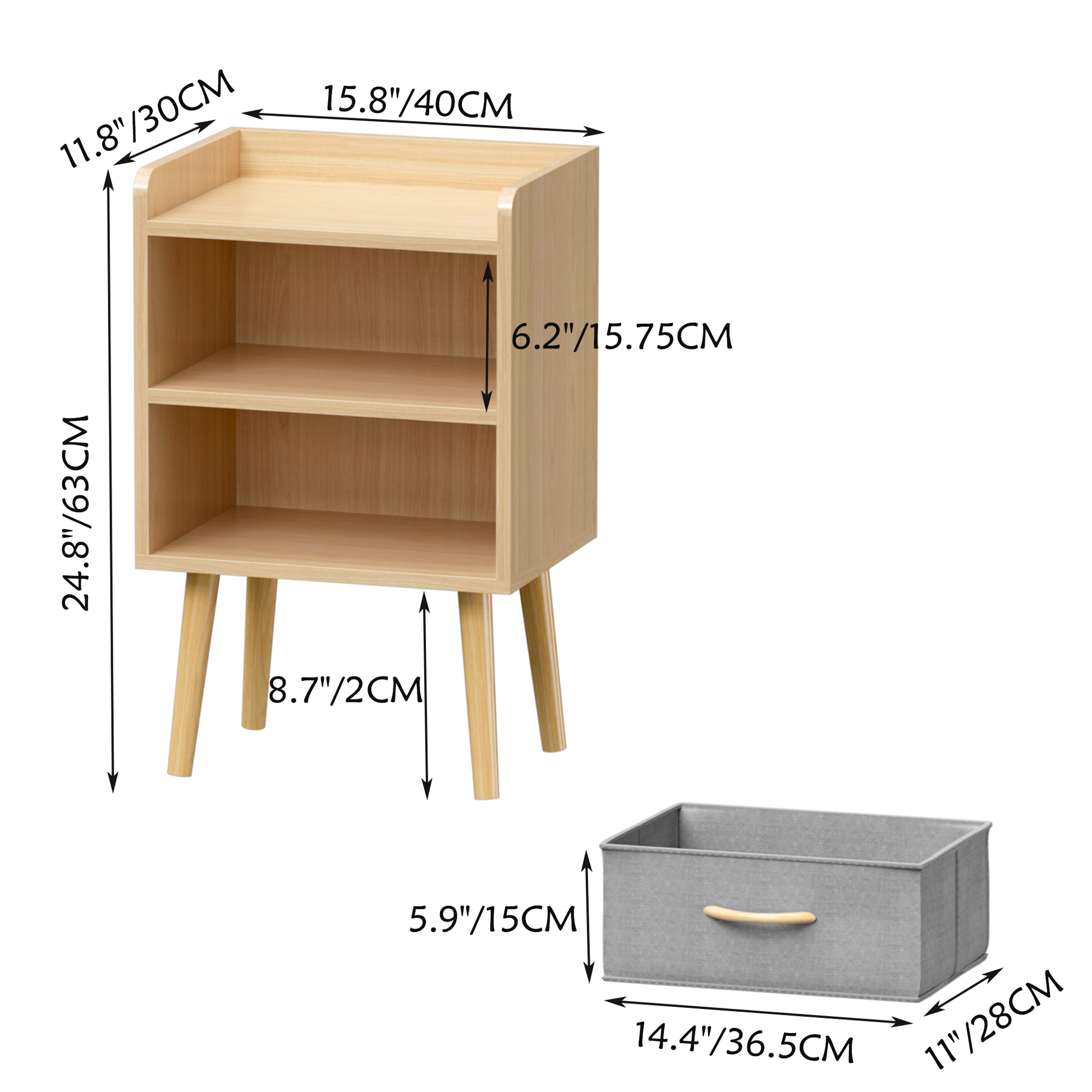 2Pc Nightstand With Collapsible Fabric Drawer, 2 Tier Storage End Table, Wood Side Table With Storage Cabinet For Bedroom, Living Room Oak Oak Engineered Wood