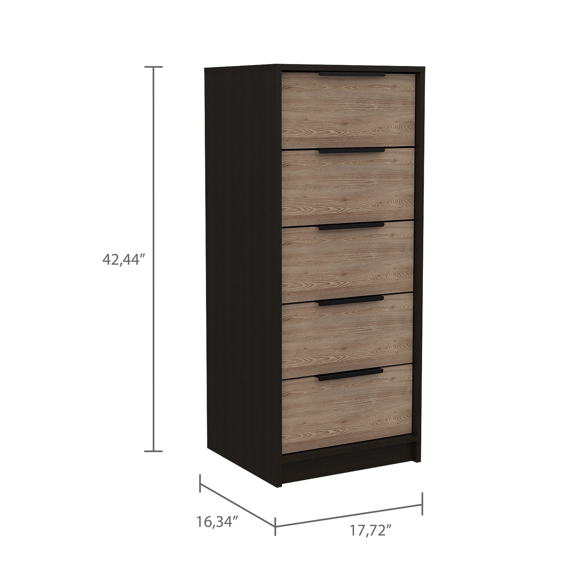 Dresser 42"H, 5 Drawer, Vertical Dresser, Black Light Oak Multicolor Particle Board Particle Board