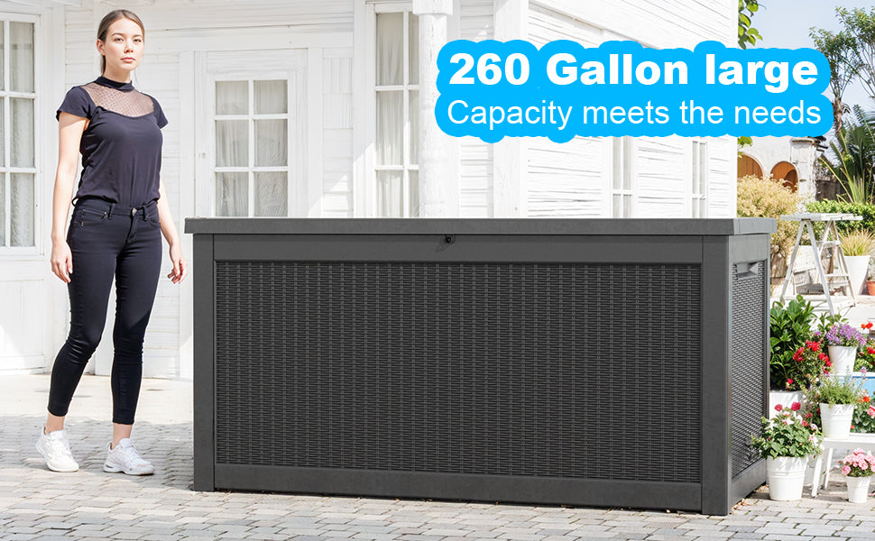 260 Gallon Deck Box, Waterproof Resin Large Outdoor Storgae Box For Patio Furniture, Patio Cushions, Gardening Tools, Pool And Sports Supplies, Lockable Black No Complete Patio Set Black Water Resistant Frame Garden & Outdoor Classic Complete Patio Sets