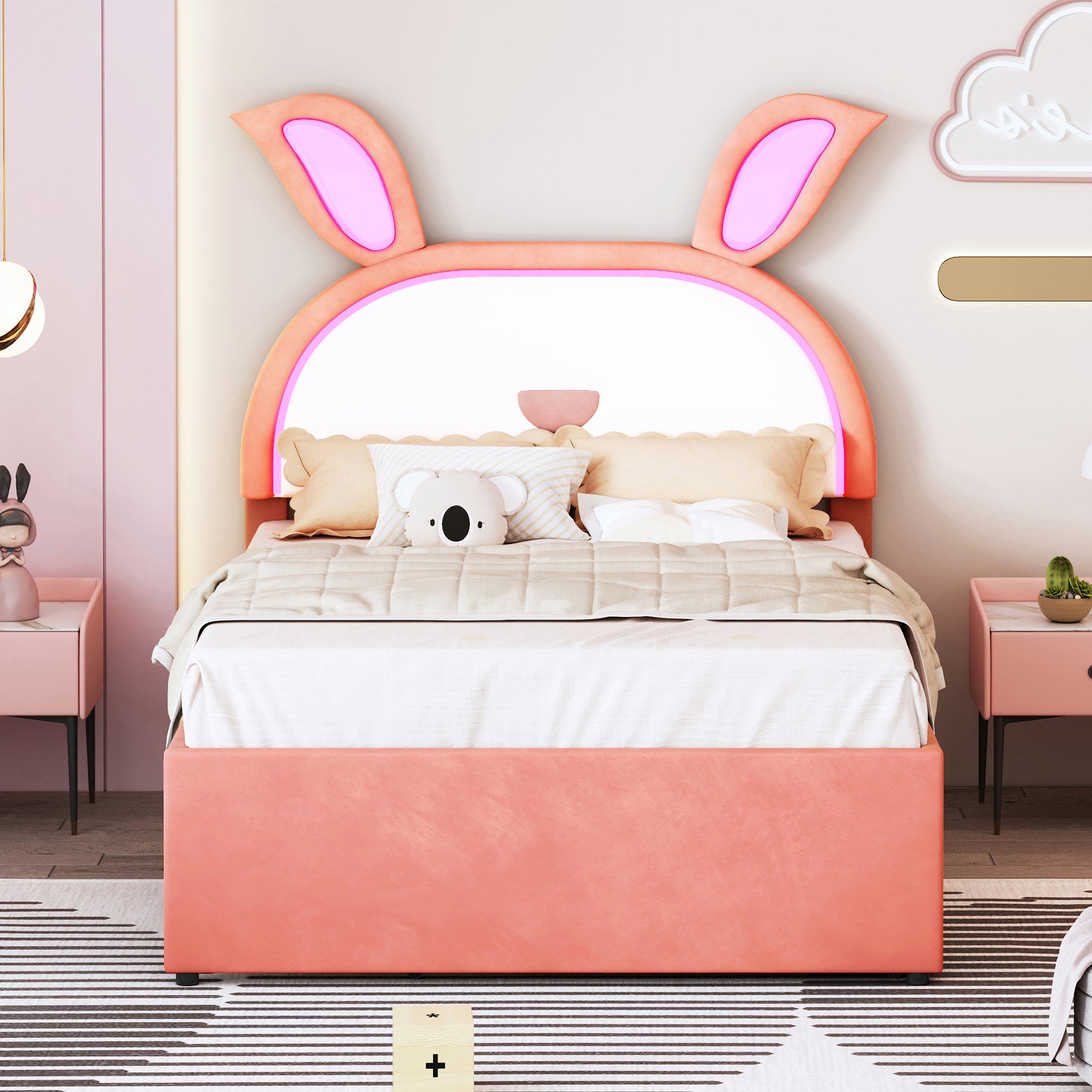 Full Size Upholstered Platform Bed With Trundle And 3 Drawers, Rabbit Shaped Headboard With Embedded Led Lights, Pink Pink Velvet