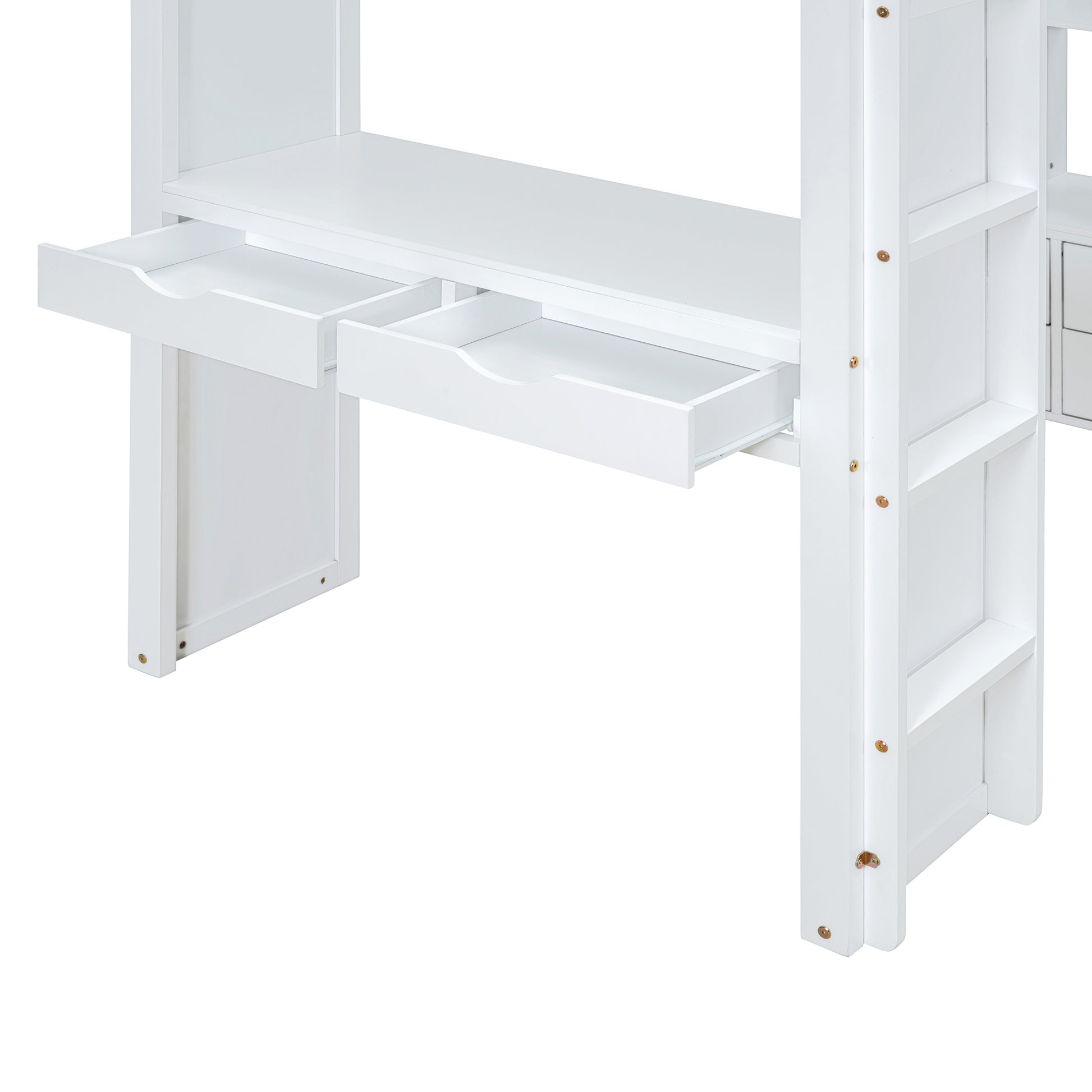 Full Size Loft Bed With Large Shelves, Writing Desk And Led Light, White White Solid Wood Mdf