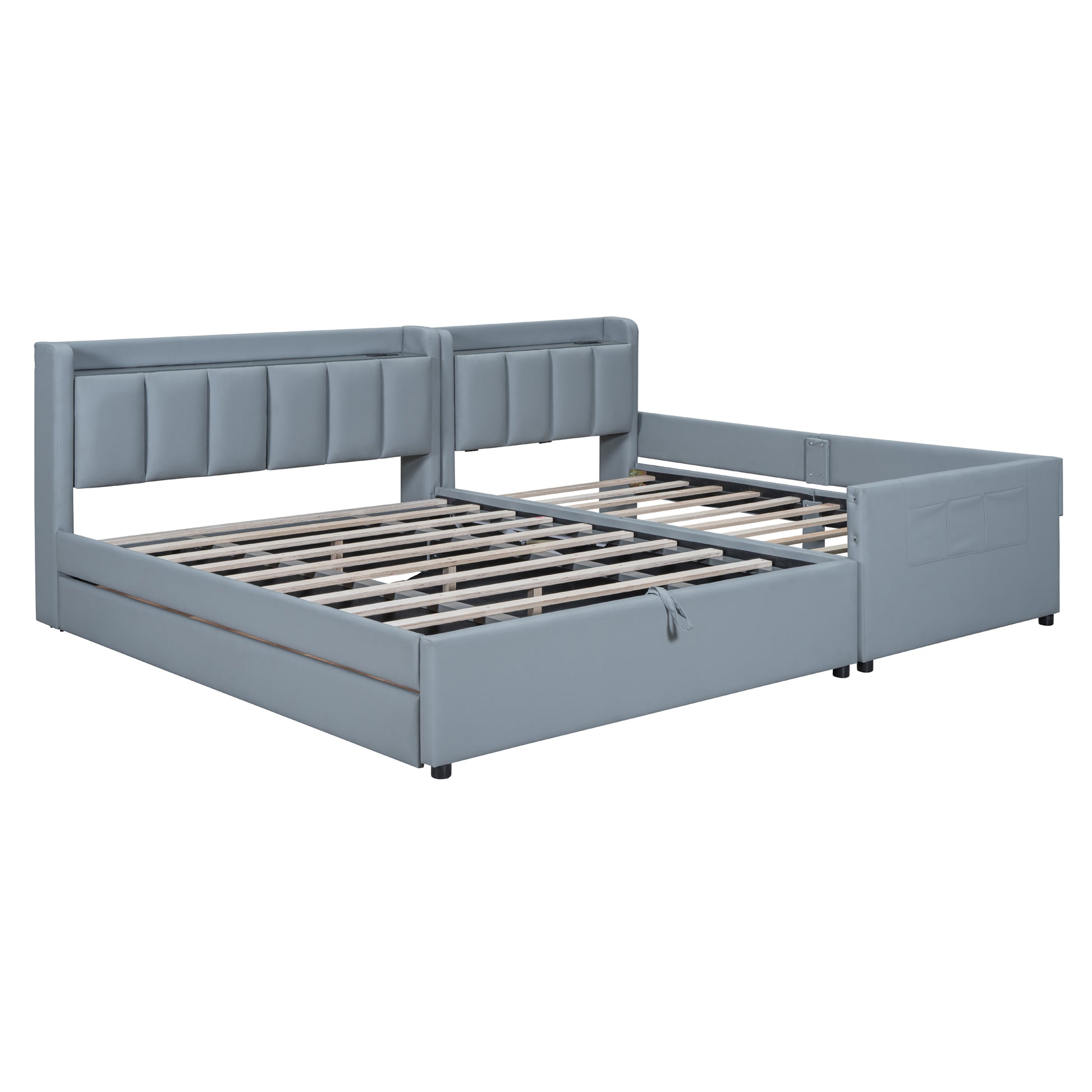 Queen Size & Twin Xl Size Upholstered Platform Bed, Mother & Child Bed With Hydraulic Storage System, Drawer Box, Bedhead Storage Shelf And Two Pairs Of Sockets & Usb Ports, Pu Leather, Gray Gray Pu Leather