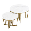 Modern Round Nesting Coffee Table Set 2 Piece White & Marbling Top Gold Base White Mdf