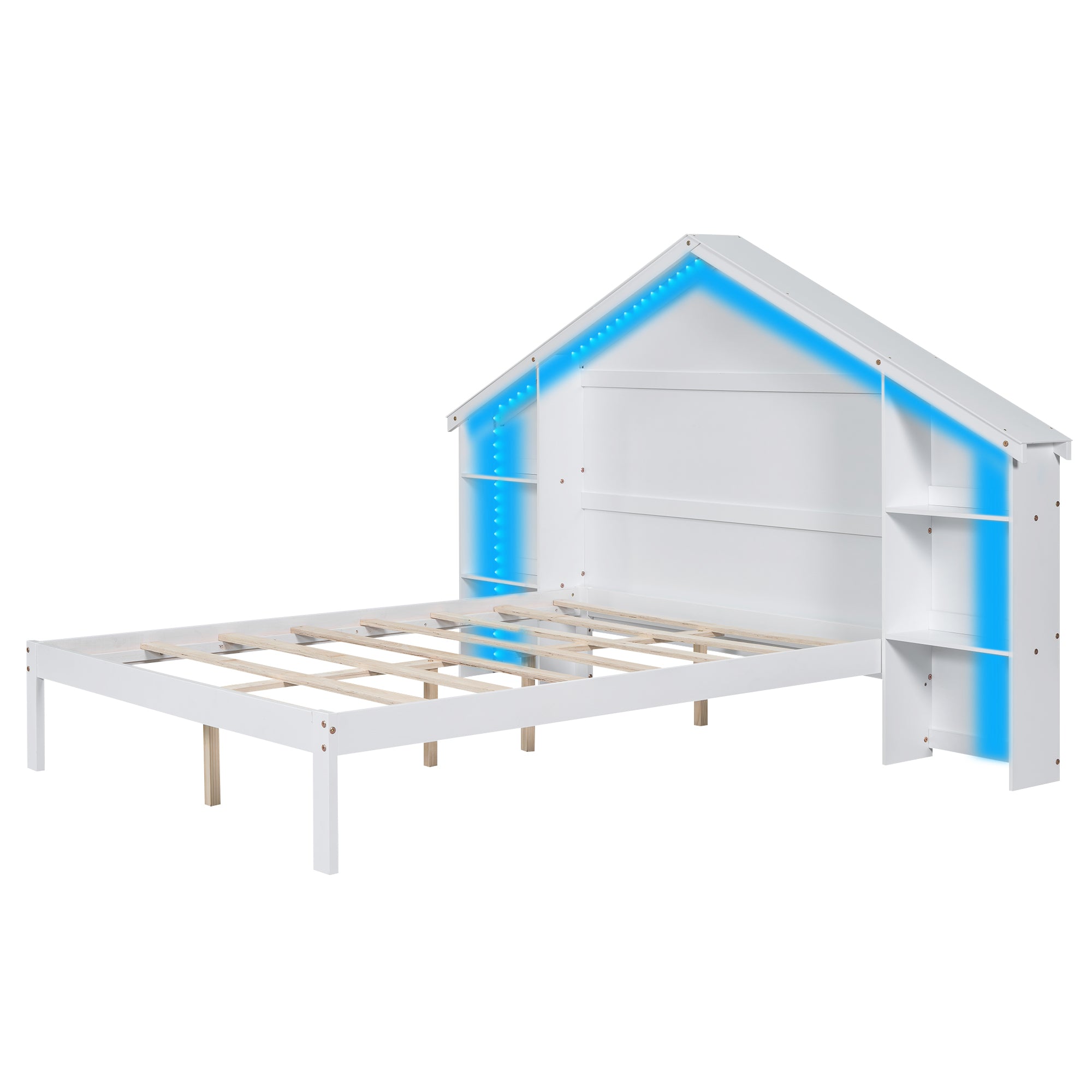 Wood Full Size Platform Bed with House shaped Storage box spring not required-full-white-bedroom-bed