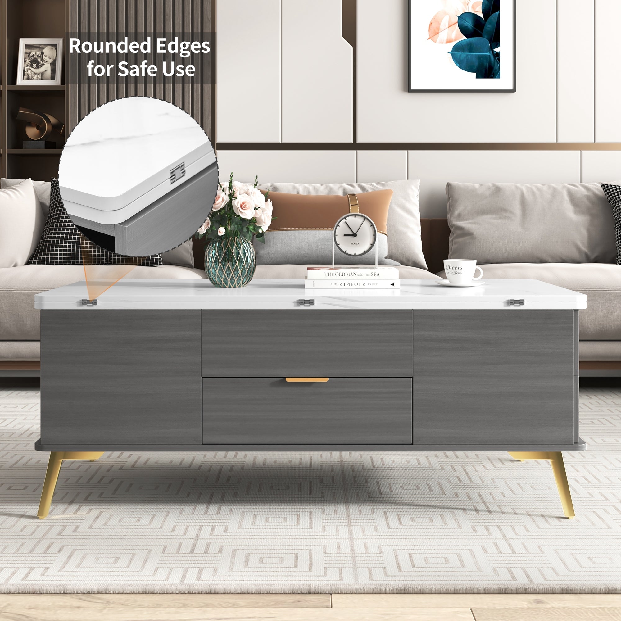 Modern Lift Top Coffee Table Multi Functional Table white+gray-mdf+steel
