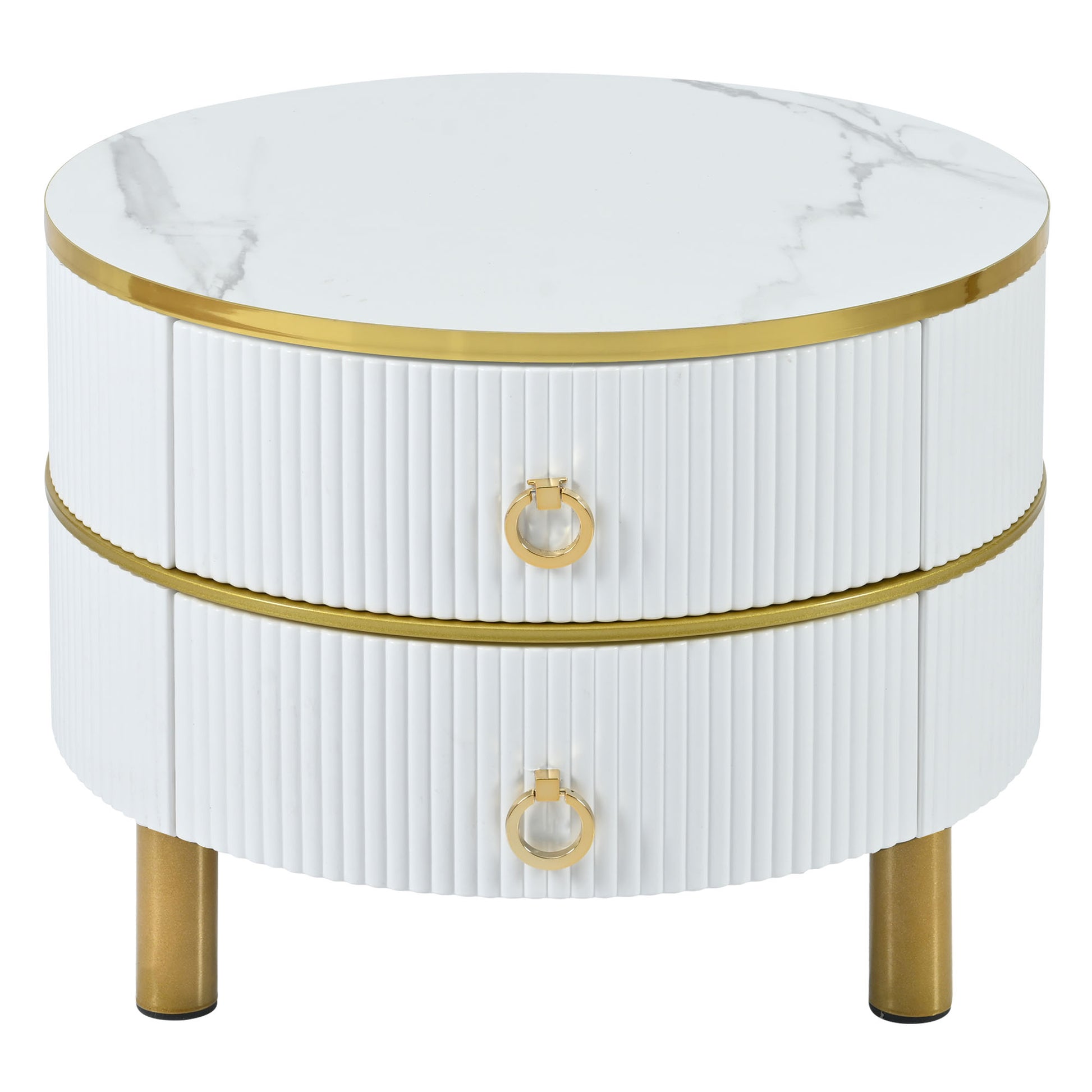 27.5'' & 19.6'' Stackable Coffee Table With 2 Drawers, Nesting Tables With Brown Tempered Glass And High Gloss Marble Tabletop, Set Of 2, Round Center Table For Living Room, White Golden White Primary Living Space Drawers Round Mdf Iron