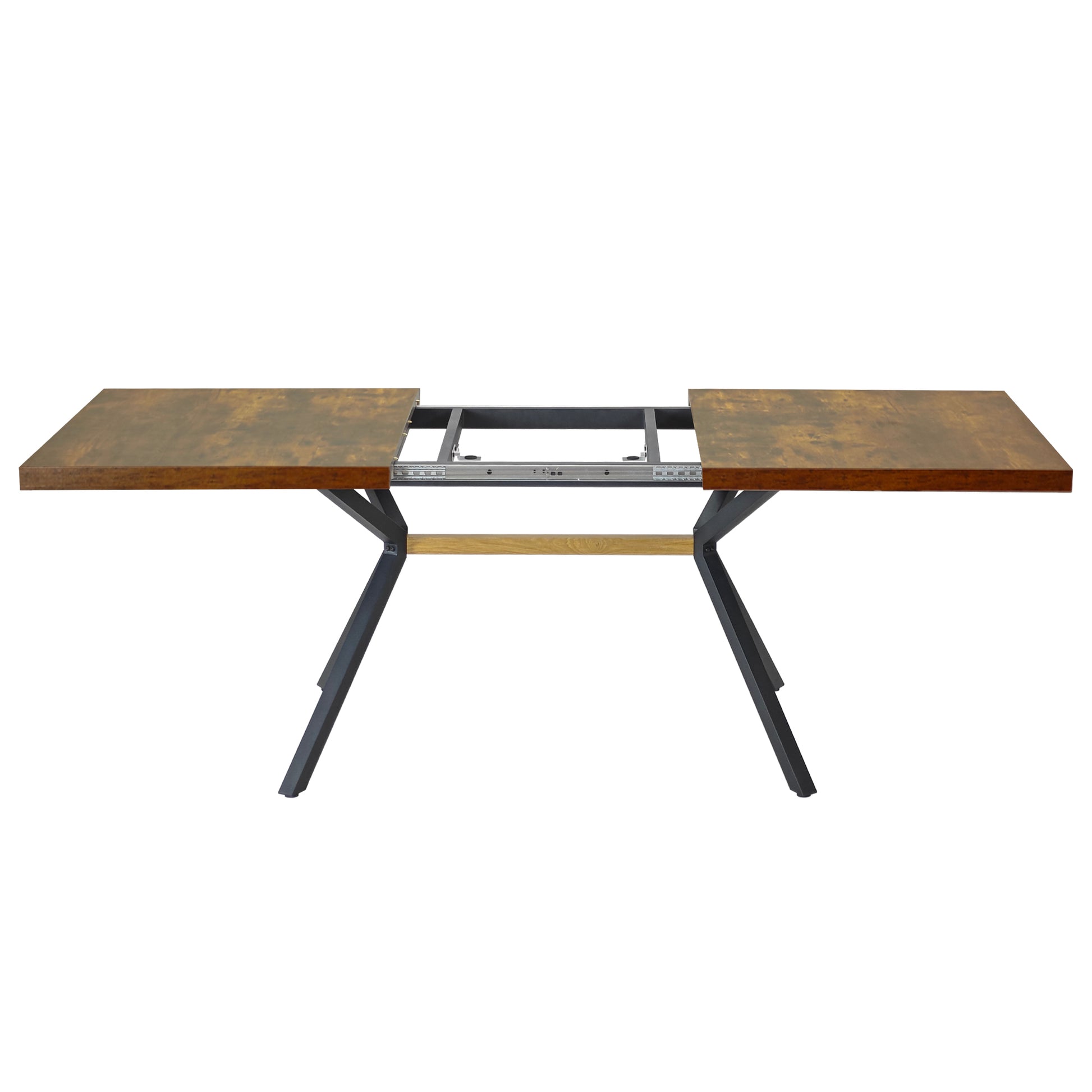 62.99" 78.74" Vintage Rectangular Stretch Dining Table With Antique Wooden Tabletop And Black Embossed Centerboard, Walnut Colored Crossbars, Black Fine Sanded Iron Leg Base Stretch Dining Table Brown Seats 6 Rectangular Mdf Metal