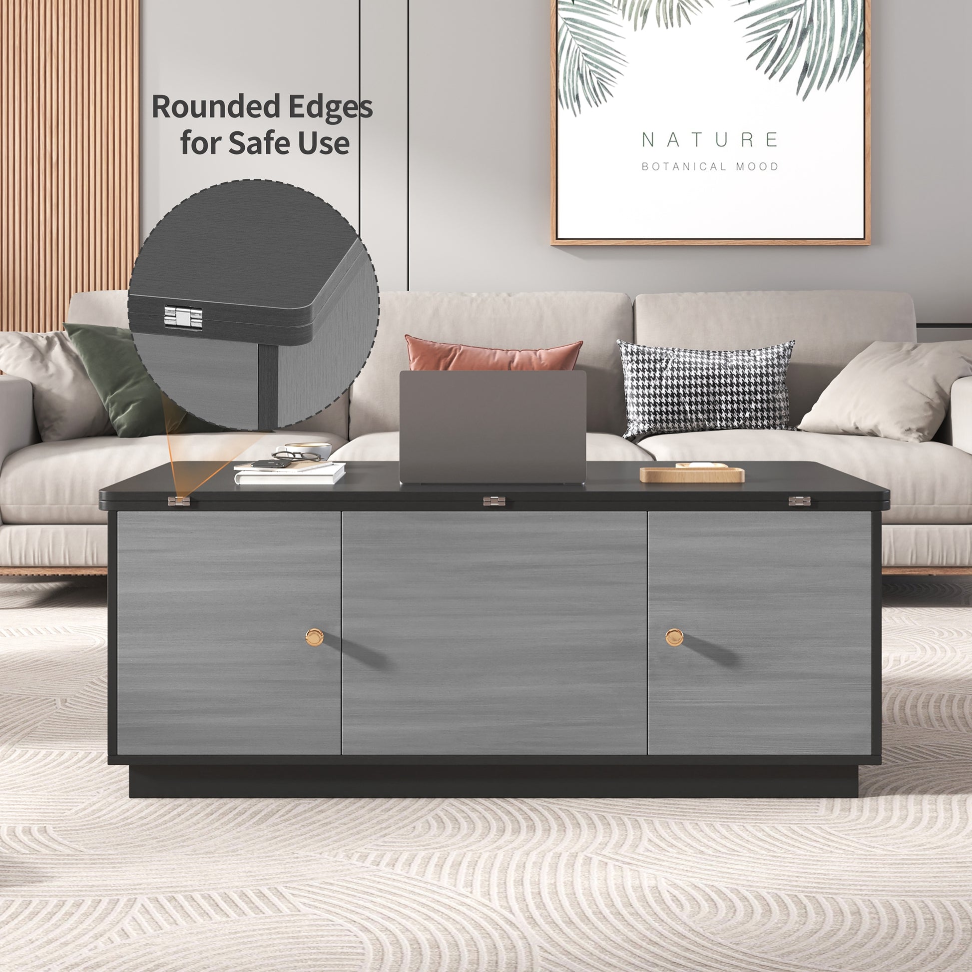 Modern Gray Multi Functional Rectangle Lift Top Coffee Table Extendable With Storage Dark Gray Mdf