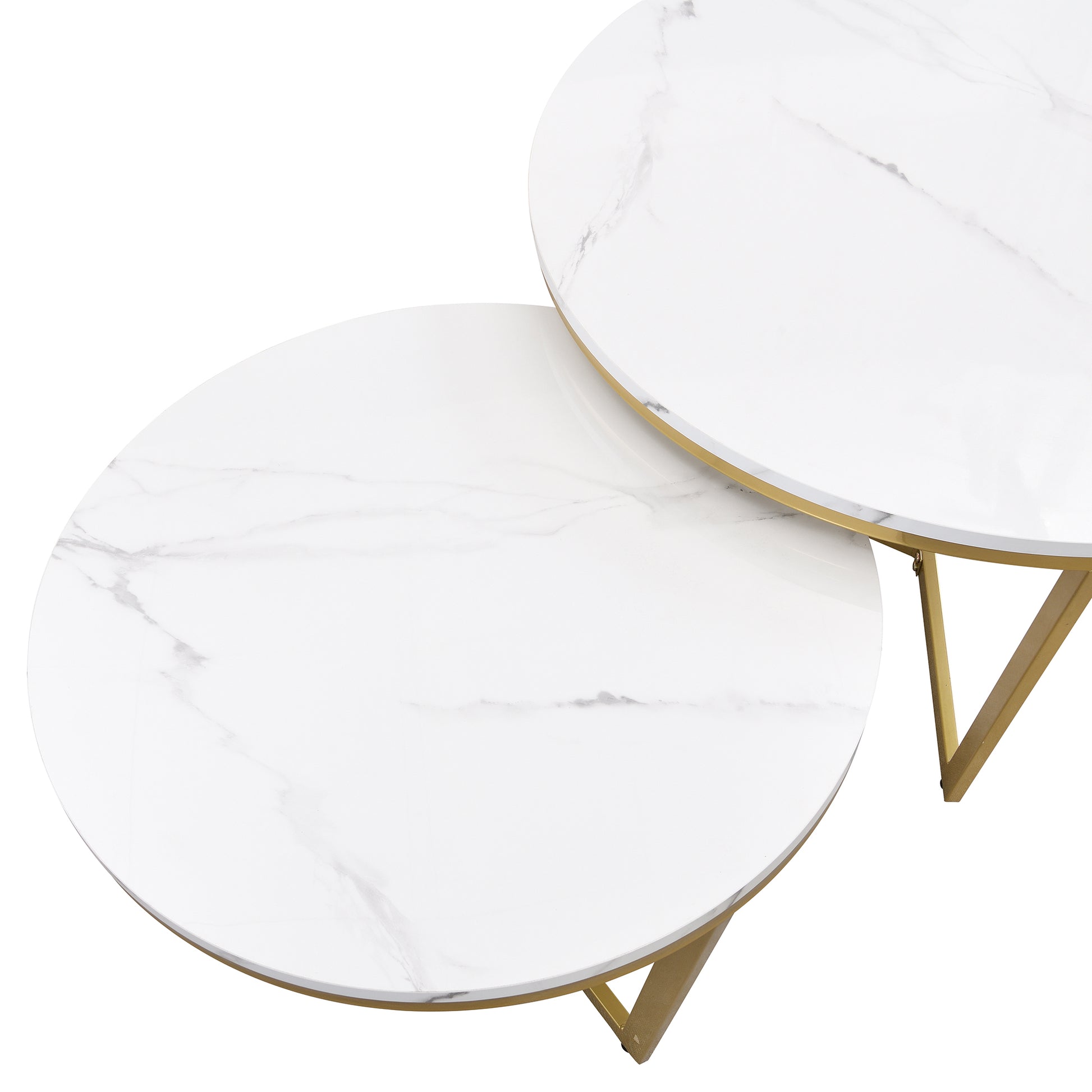 Modern Round Nesting Coffee Table Set 2 Piece White & Marbling Top Gold Base White Mdf