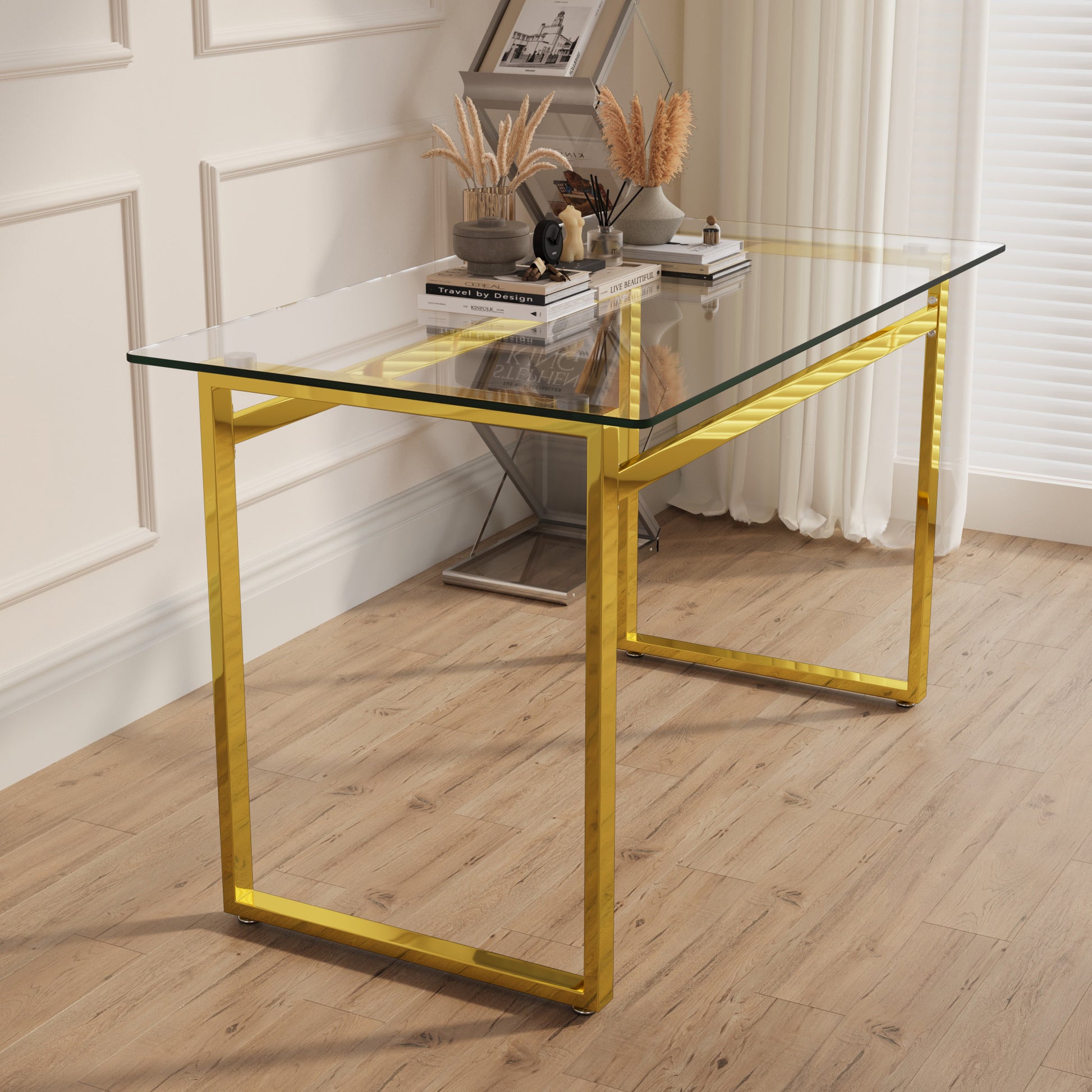 Modern Minimalist Rectangular Glass Dining Table For 4 6 With 0.31" Tempered Glass Tabletop And Golden Chrome Metal Legs, Writing Table Desk, For Kitchen Dining Living Room, 51" W X 27"D X 30" H Transparent Glass