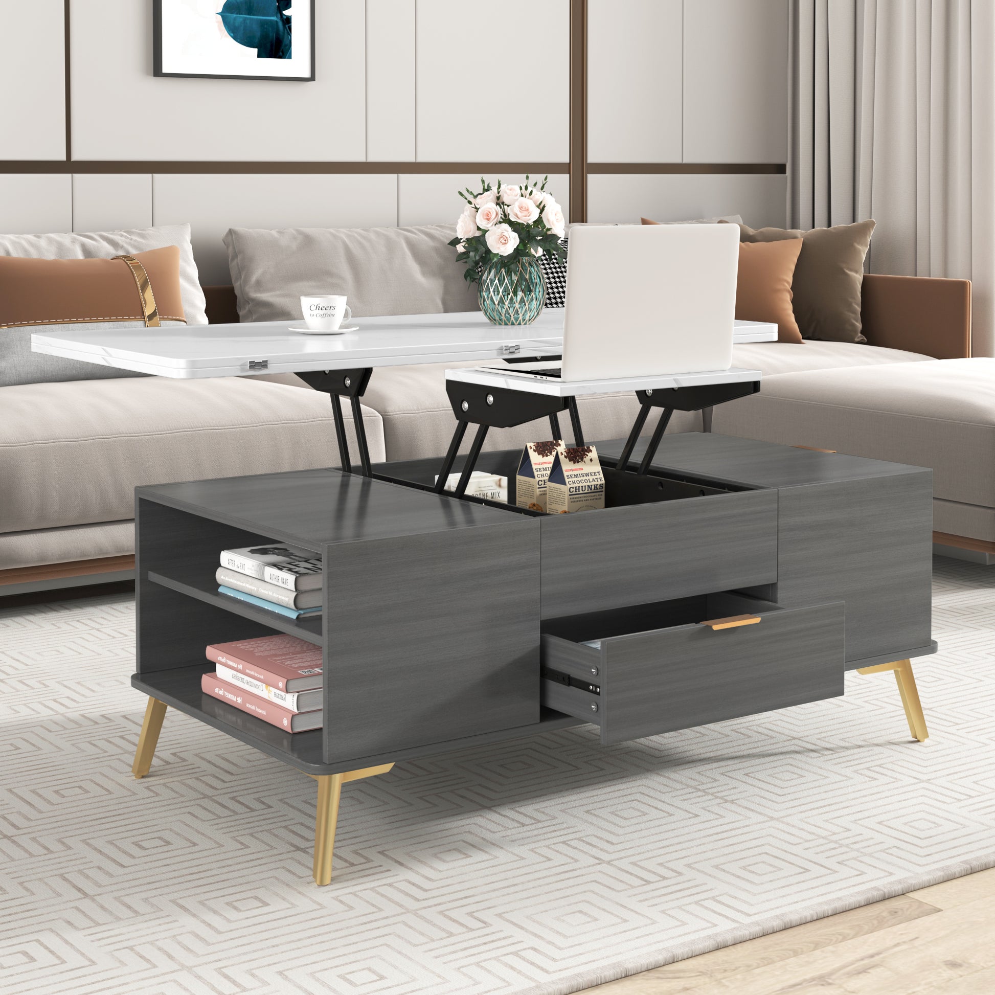 Modern Lift Top Coffee Table Multi Functional Table white+gray-mdf+steel