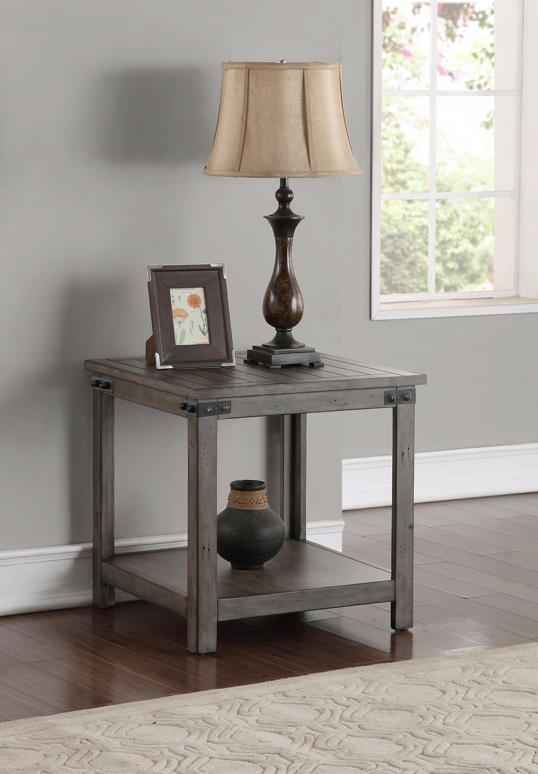 Storehouse End Table, No Assembly Required, Smoked Grey Finish Greige Gray Primary Living Space Farmhouse,Industrial,Rustic Freestanding Square Shelves Coffee & End Tables Square Wood