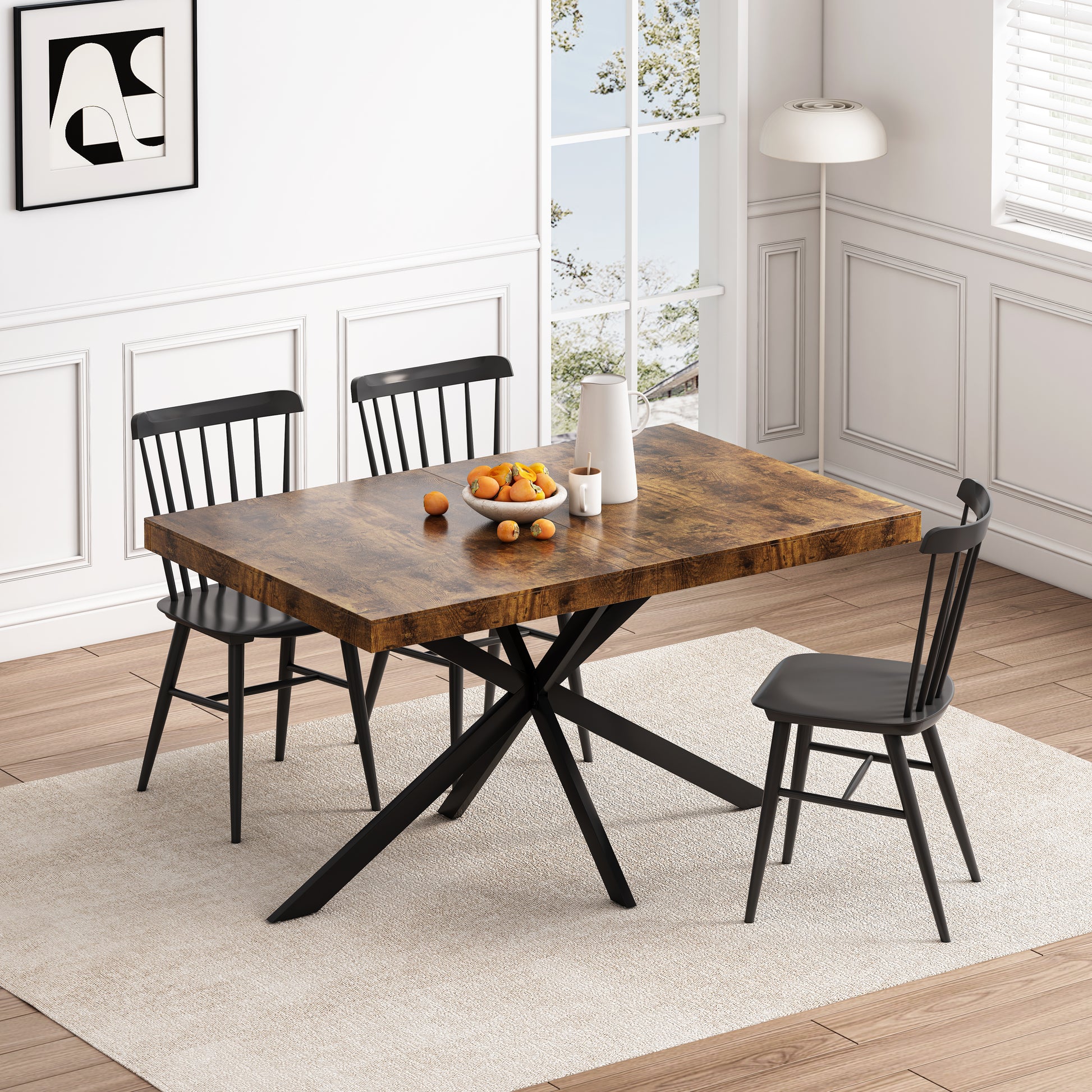 55.11" 70.86"Retro Rectangular Stretch Dining Table, Antique Wood Top And Black Relief Plate, Black Fine Sand Cross Iron Foot Base Dining Table, With Storage Box. Black Brown Seats 6 Rectangular Mdf Metal