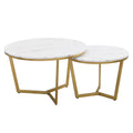 Modern Round Nesting Coffee Table Set 2 Piece White & Marbling Top Gold Base White Mdf