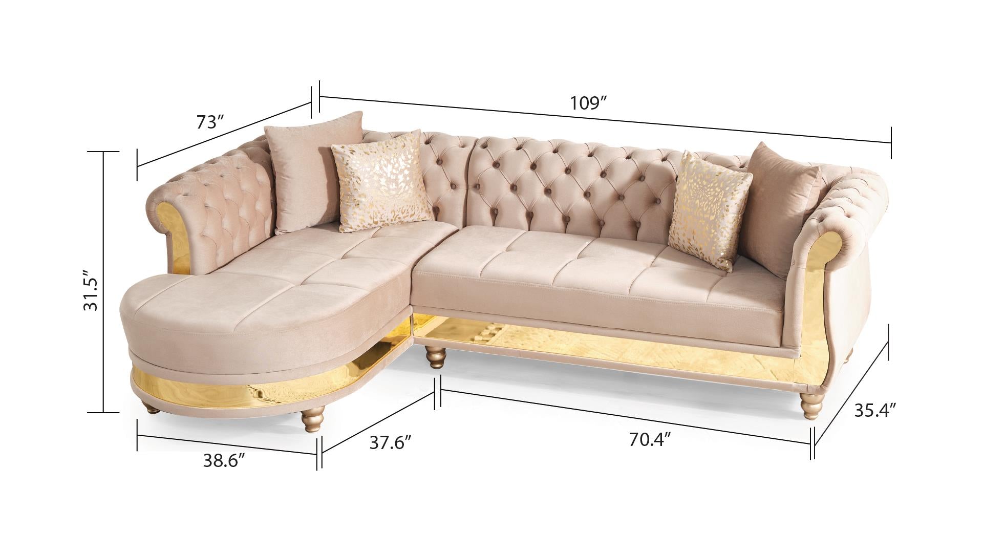 Julia Gold Detailed Tufted Upholstery Sectional Made With Wood In Taupe Taupe Velvet Wood Primary Living Space Soft Cushion Back Contemporary,Modern L Shaped Acacia Rolled Arms Solid Wood Mdf Velvet 4 Seat