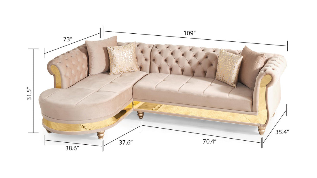 Julia Gold Detailed Tufted Upholstery Sectional Made With Wood In Taupe Taupe Velvet Wood Primary Living Space Soft Cushion Back Contemporary,Modern L Shaped Acacia Rolled Arms Solid Wood Mdf Velvet 4 Seat