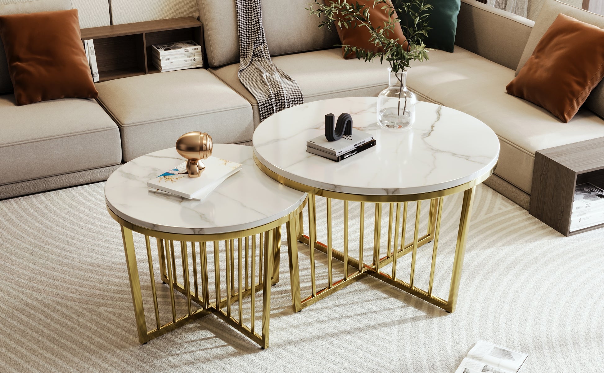 Modern Round Nesting Coffee Table Set 2 Piece White & Marbling Top Gold Base White Mdf