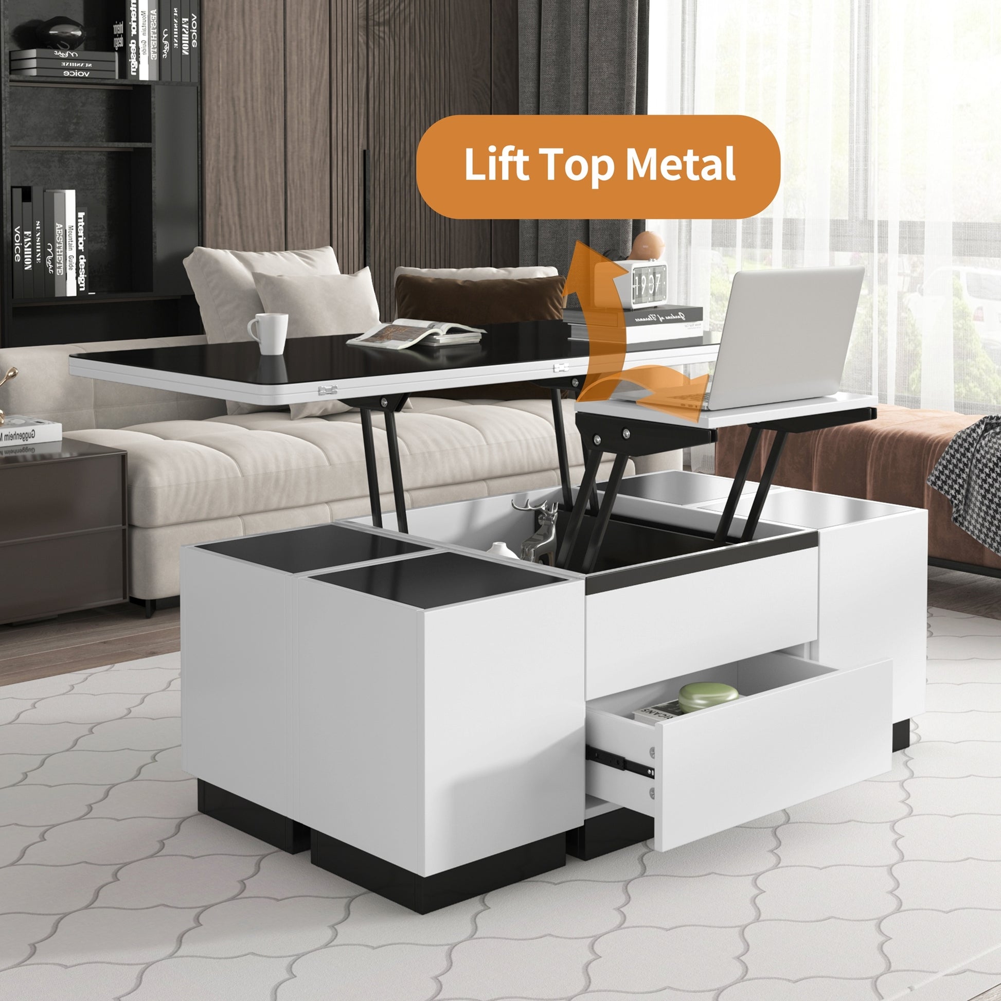 Modern White Lift Top Glass Coffee Table With Drawers & Storage Multifunction Table Black White Mdf Glass