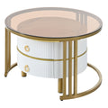 27.5'' & 19.6'' Stackable Coffee Table With 2 Drawers, Nesting Tables With Brown Tempered Glass And High Gloss Marble Tabletop, Set Of 2, Round Center Table For Living Room, White Golden White Primary Living Space Drawers Round Mdf Iron