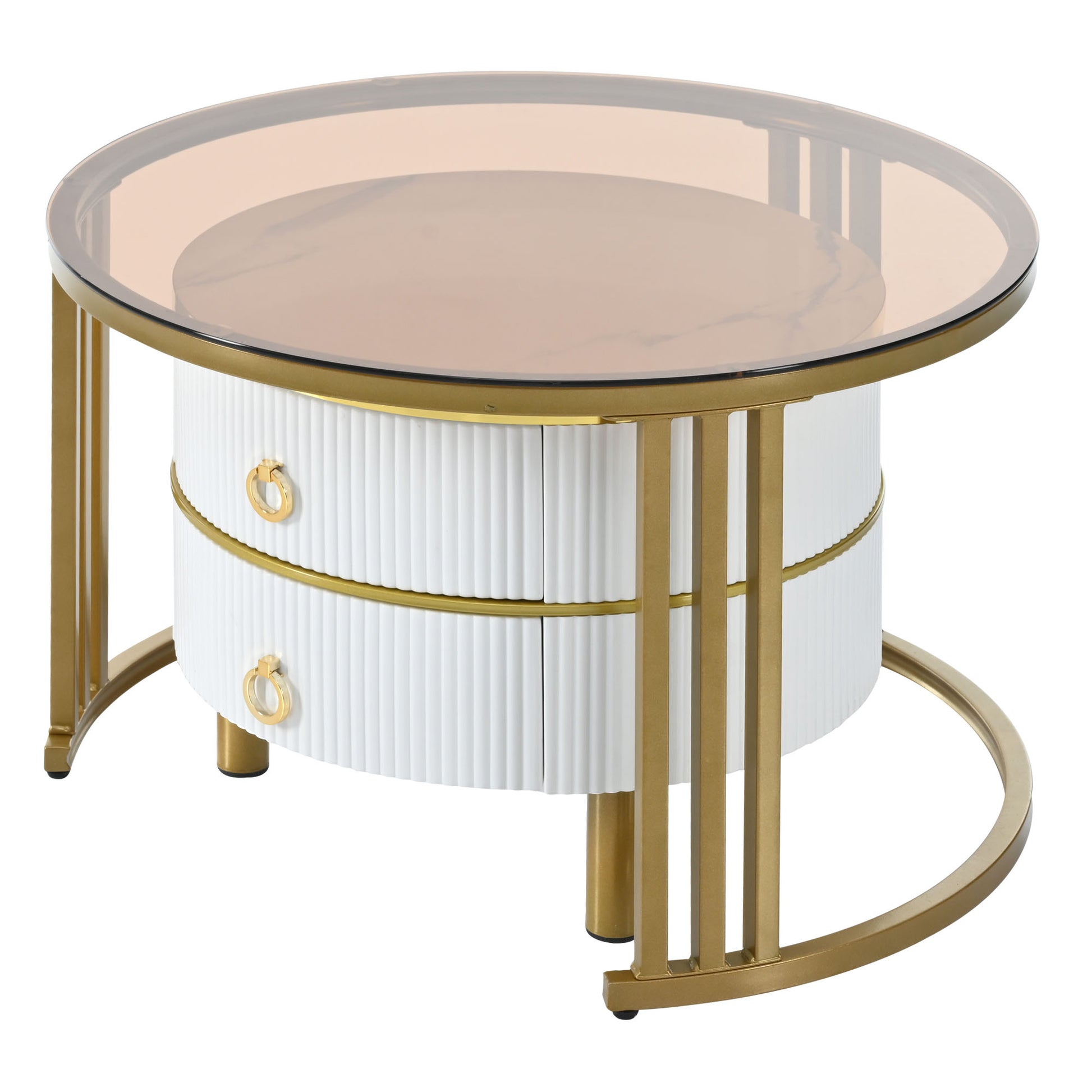 27.5'' & 19.6'' Stackable Coffee Table With 2 Drawers, Nesting Tables With Brown Tempered Glass And High Gloss Marble Tabletop, Set Of 2, Round Center Table For Living Room, White Golden White Primary Living Space Drawers Round Mdf Iron