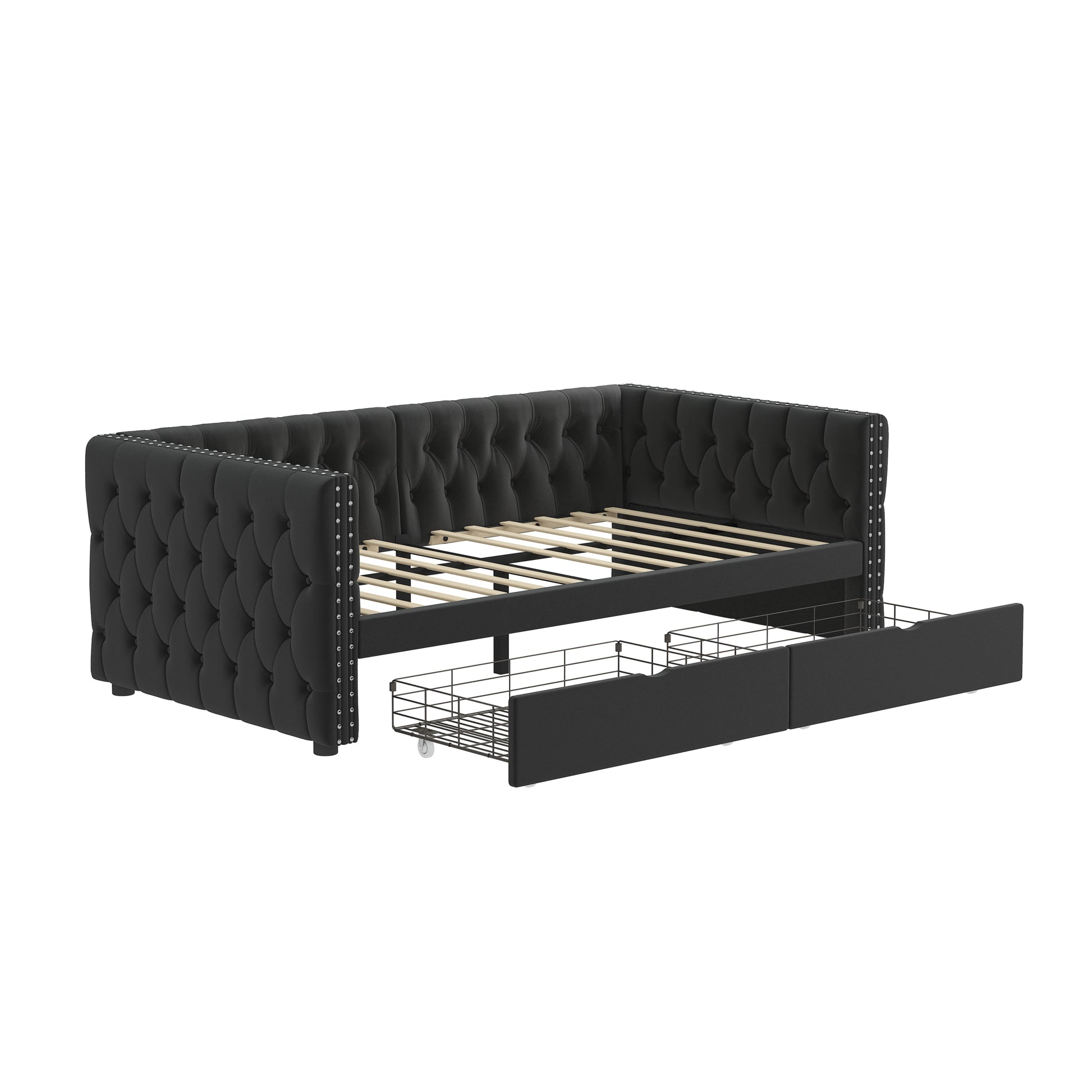 Twin Size Daybed With Drawers Upholstered Tufted Sofa Bed, With Button On Back And Copper Nail On Waved Shape Arms, Velvet 79.5"X41.5"X26.5" Twin Black Velvet