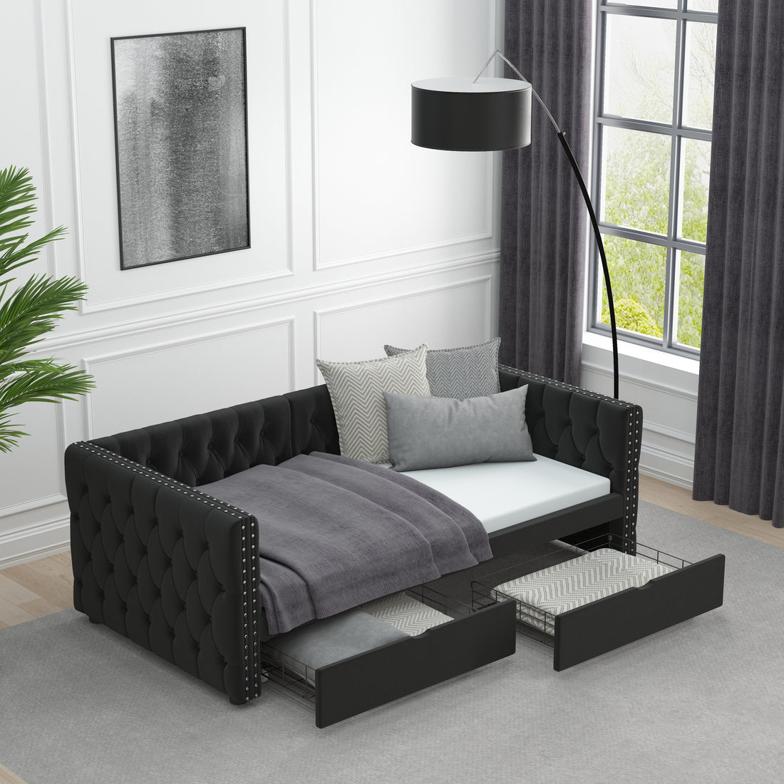 Twin Size Daybed With Drawers Upholstered Tufted Sofa Bed, With Button On Back And Copper Nail On Waved Shape Arms, Velvet 79.5"X41.5"X26.5" Twin Black Velvet
