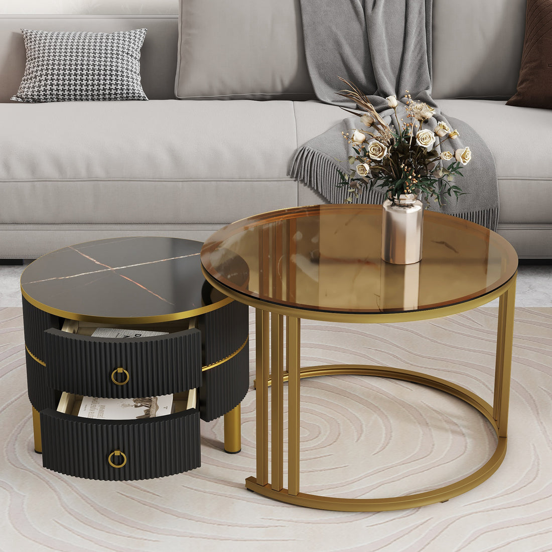 27.5'' & 19.6'' Stackable Coffee Table With 2 Drawers, Nesting Tables With Brown Tempered Glass And High Gloss Marble Tabletop, Set Of 2, Round Center Table For Living Room, Black Golden Black Primary Living Space Drawers Round Mdf Iron