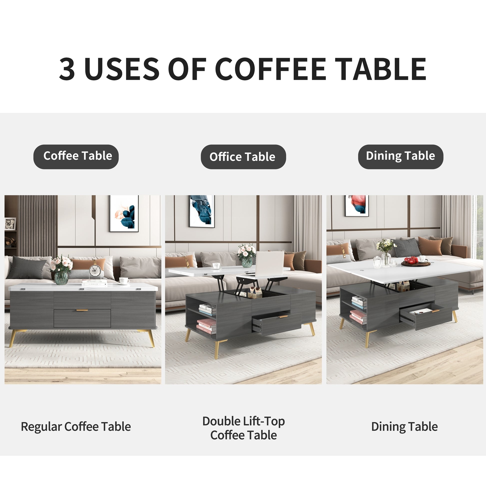 Modern Lift Top Coffee Table Multi Functional Table white+gray-mdf+steel