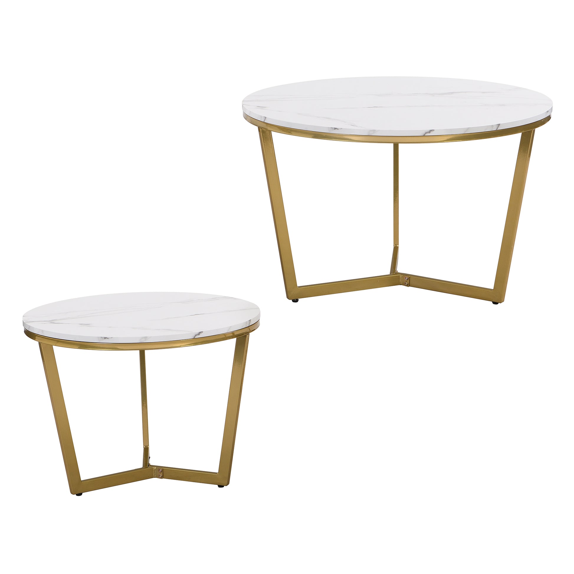 Modern Round Nesting Coffee Table Set 2 Piece White & Marbling Top Gold Base White Mdf