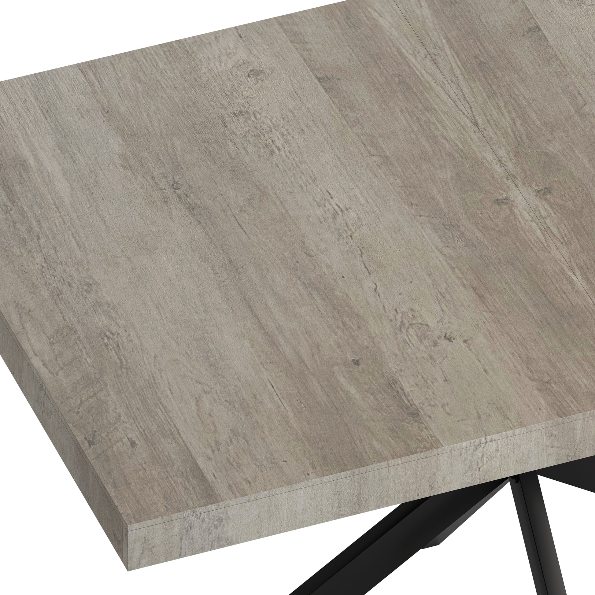 55.11'' 70.86"Retro Rectangular Stretch Dining Table, Grey Carole Top With Black Embossed Center Plate, Black Fine Sand Cross Iron Foot Base Dining Table, With Storage Box. Grey Seats 6 Rectangular Mdf Metal