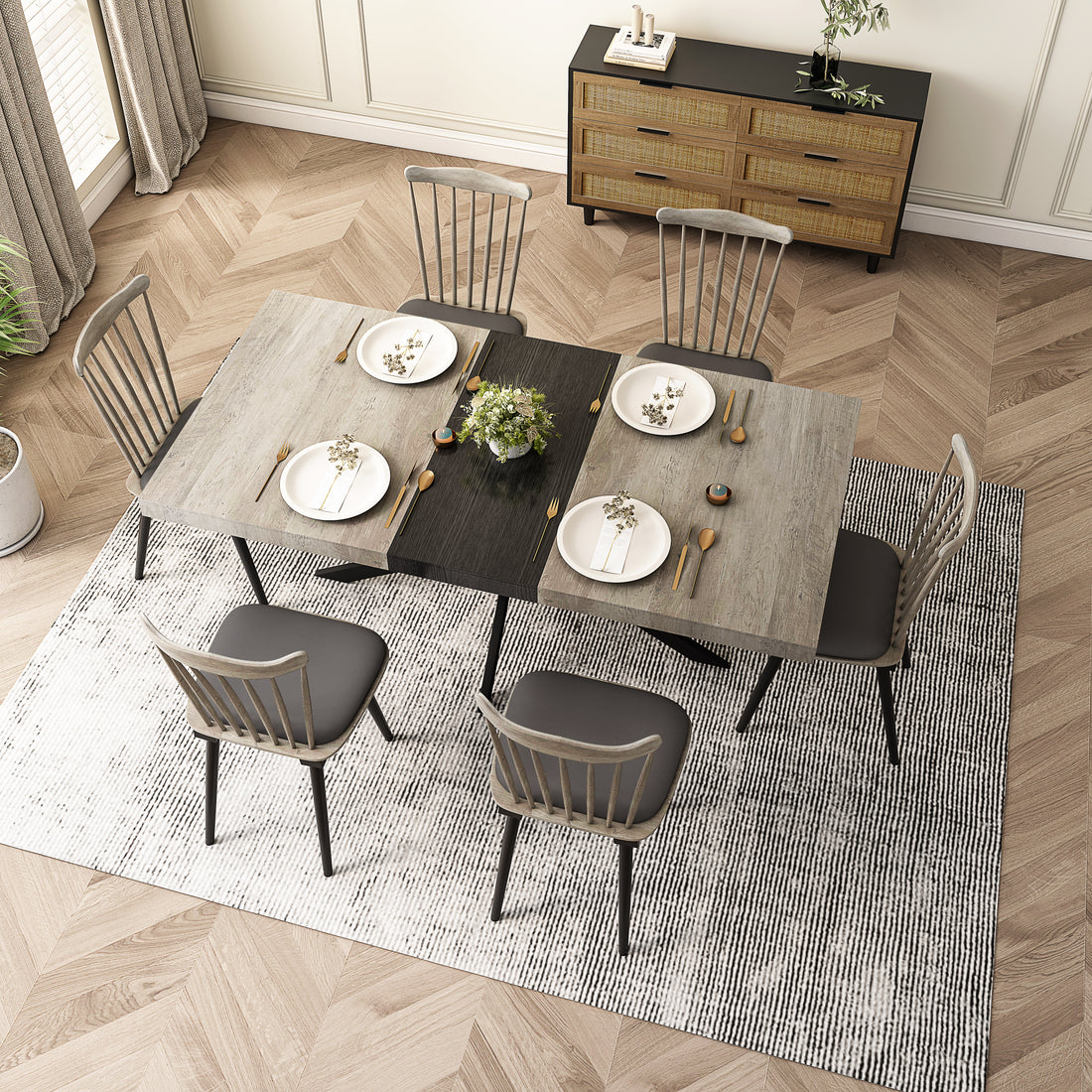 55.11'' 70.86"Retro Rectangular Stretch Dining Table, Grey Carole Top With Black Embossed Center Plate, Black Fine Sand Cross Iron Foot Base Dining Table, With Storage Box. Grey Seats 6 Rectangular Mdf Metal