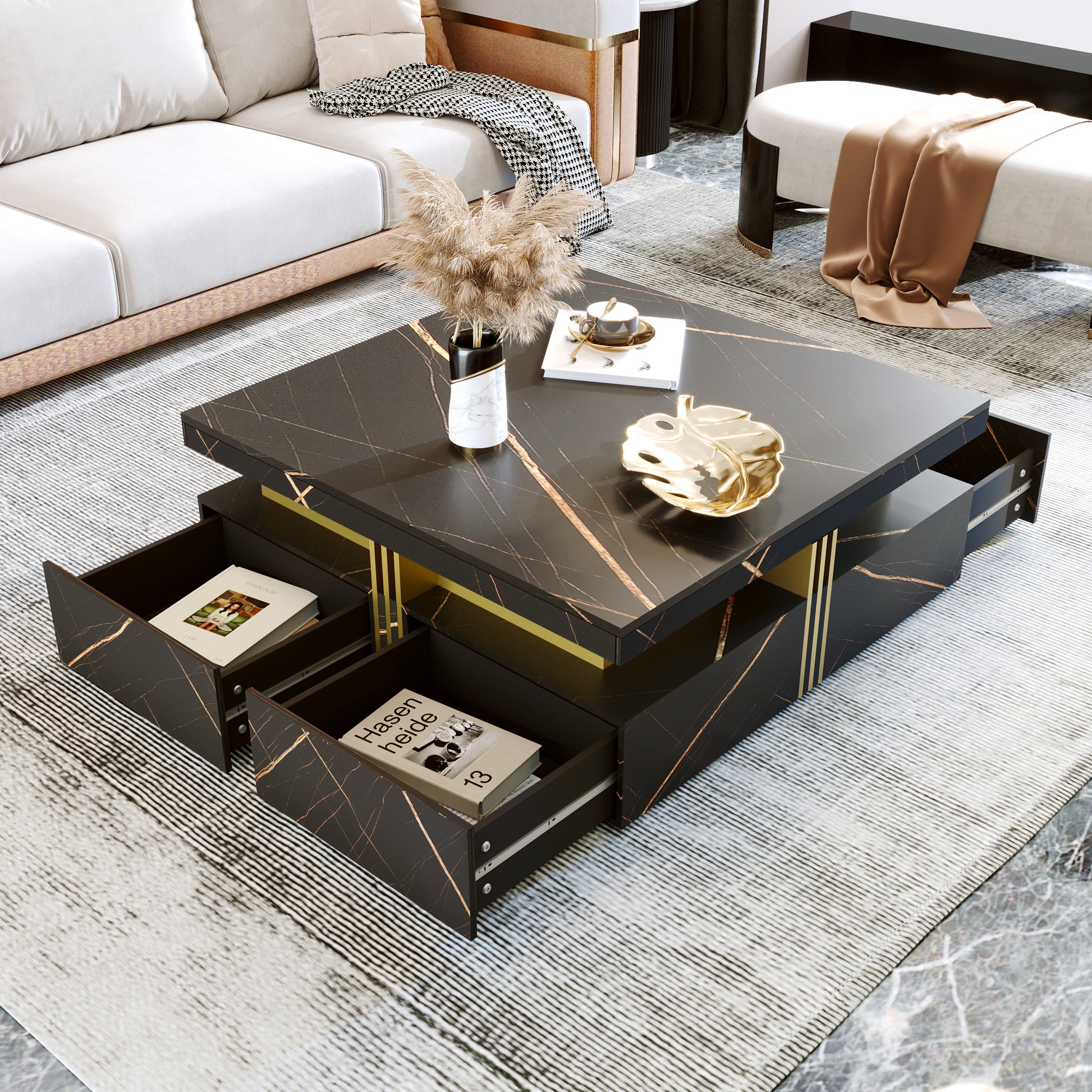 Modern Black Square Storage Coffee Table With 4 Drawers Black Mdf