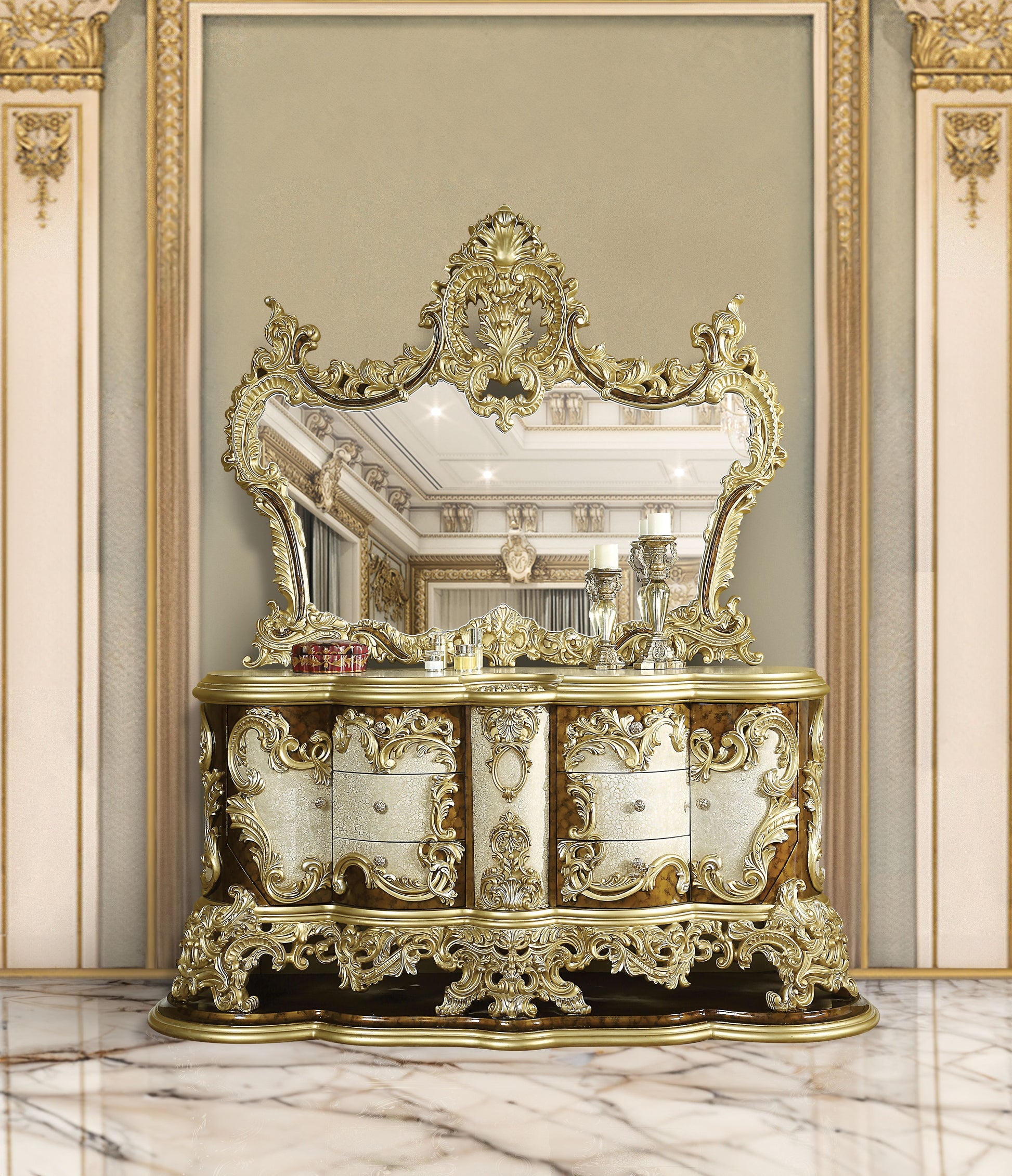 Desiderius Dresser, Antique Gold & Hand Paint Brown Gold Wood Desiderius Dresser, Antique Gold & Hand Paint Brown Gold Wood