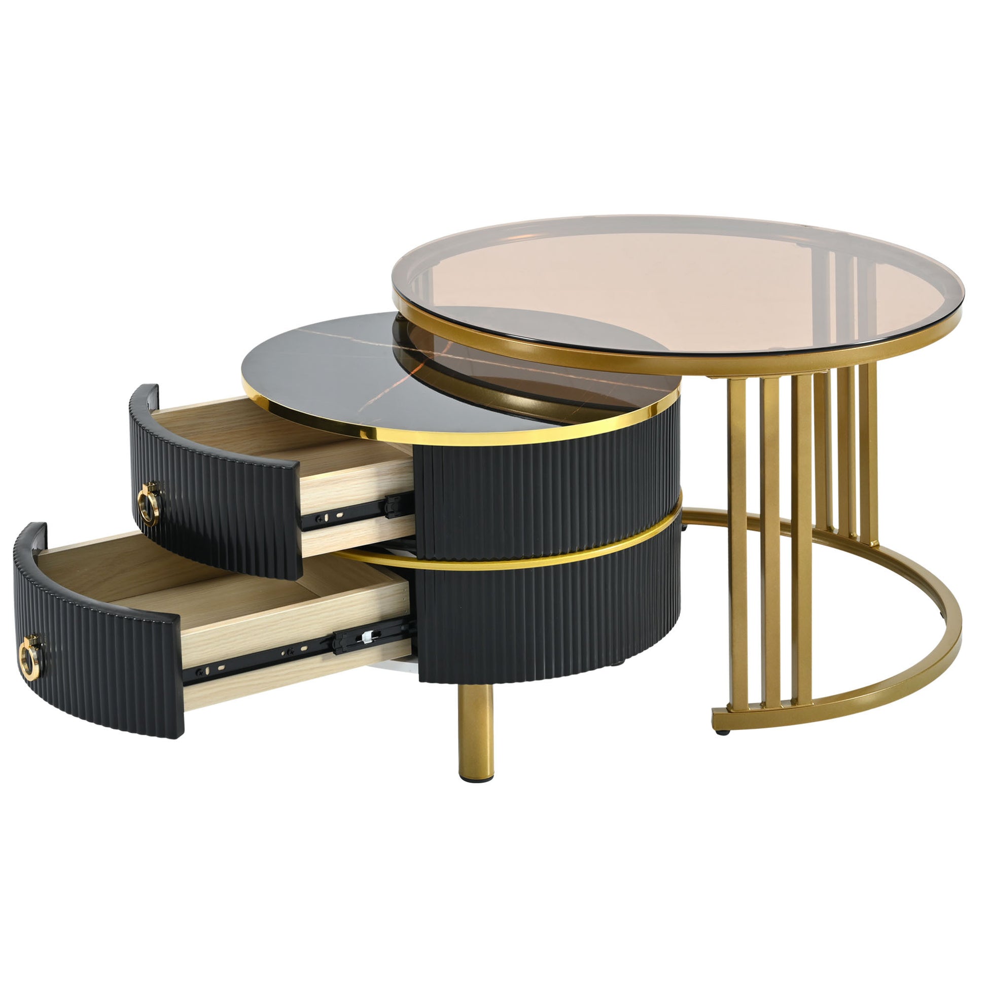 27.5'' & 19.6'' Stackable Coffee Table With 2 Drawers, Nesting Tables With Brown Tempered Glass And High Gloss Marble Tabletop, Set Of 2, Round Center Table For Living Room, Black Golden Black Primary Living Space Drawers Round Mdf Iron