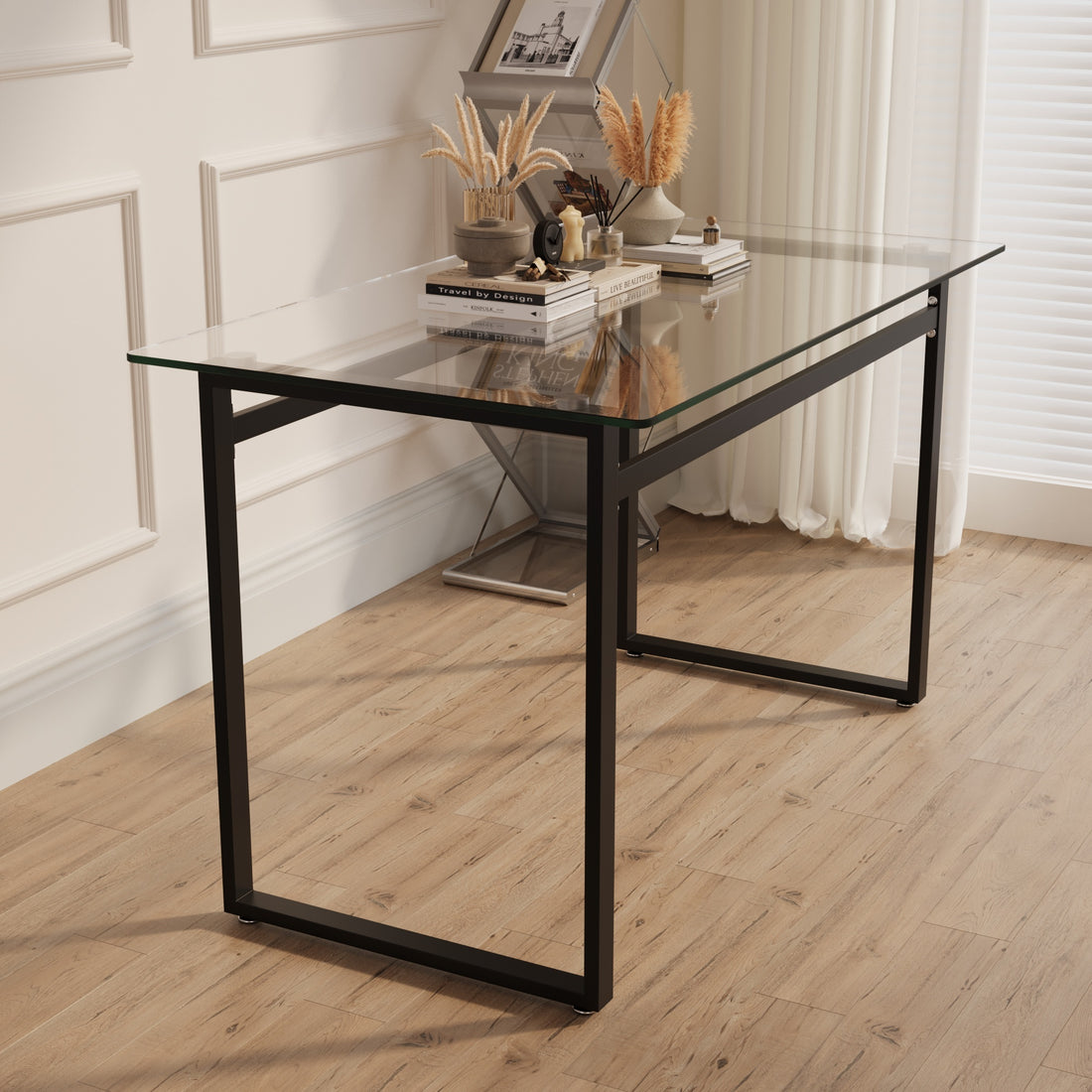 Modern Minimalist Rectangular Glass Dining Table For 4 6 With 0.31" Tempered Glass Tabletop And Black Chrome Metal Legs, Writing Table Desk, For Kitchen Dining Living Room, 51" W X 27"D X 30" H Transparent Glass