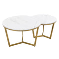 Modern Round Nesting Coffee Table Set 2 Piece White & Marbling Top Gold Base White Mdf