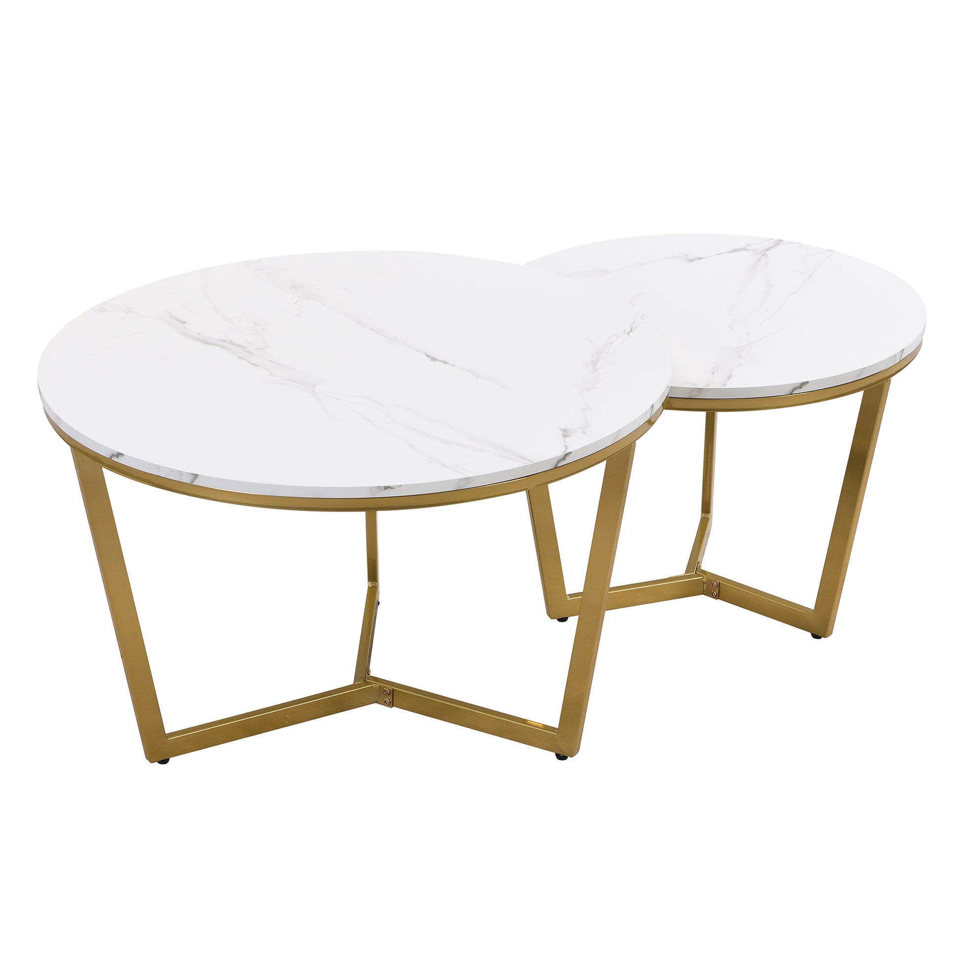 Modern Round Nesting Coffee Table Set 2 Piece White & Marbling Top Gold Base White Mdf