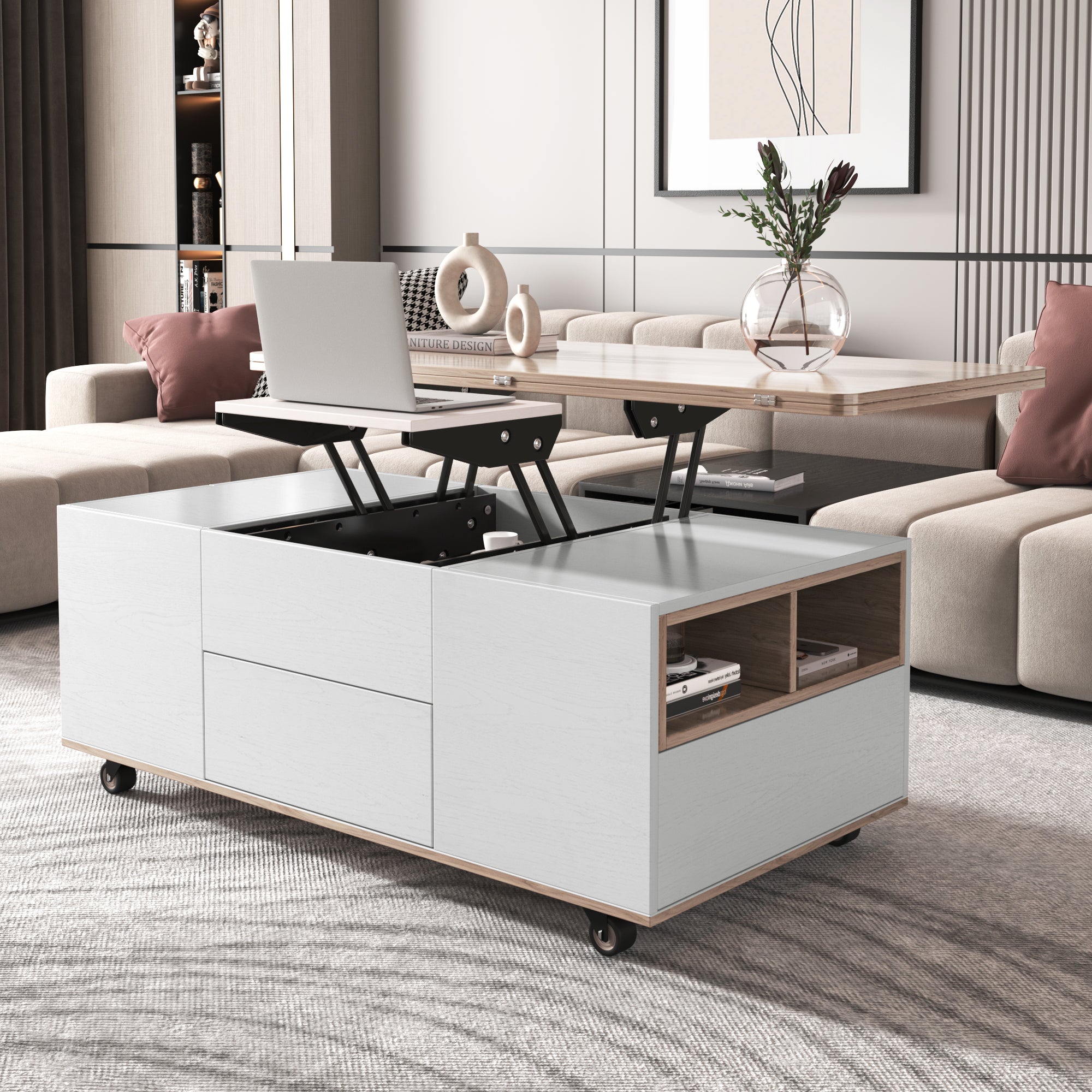 Modern Walnut & White Lift Top Coffee Table Multifunctional Table With Drawers & Shelves White Walnut Mdf