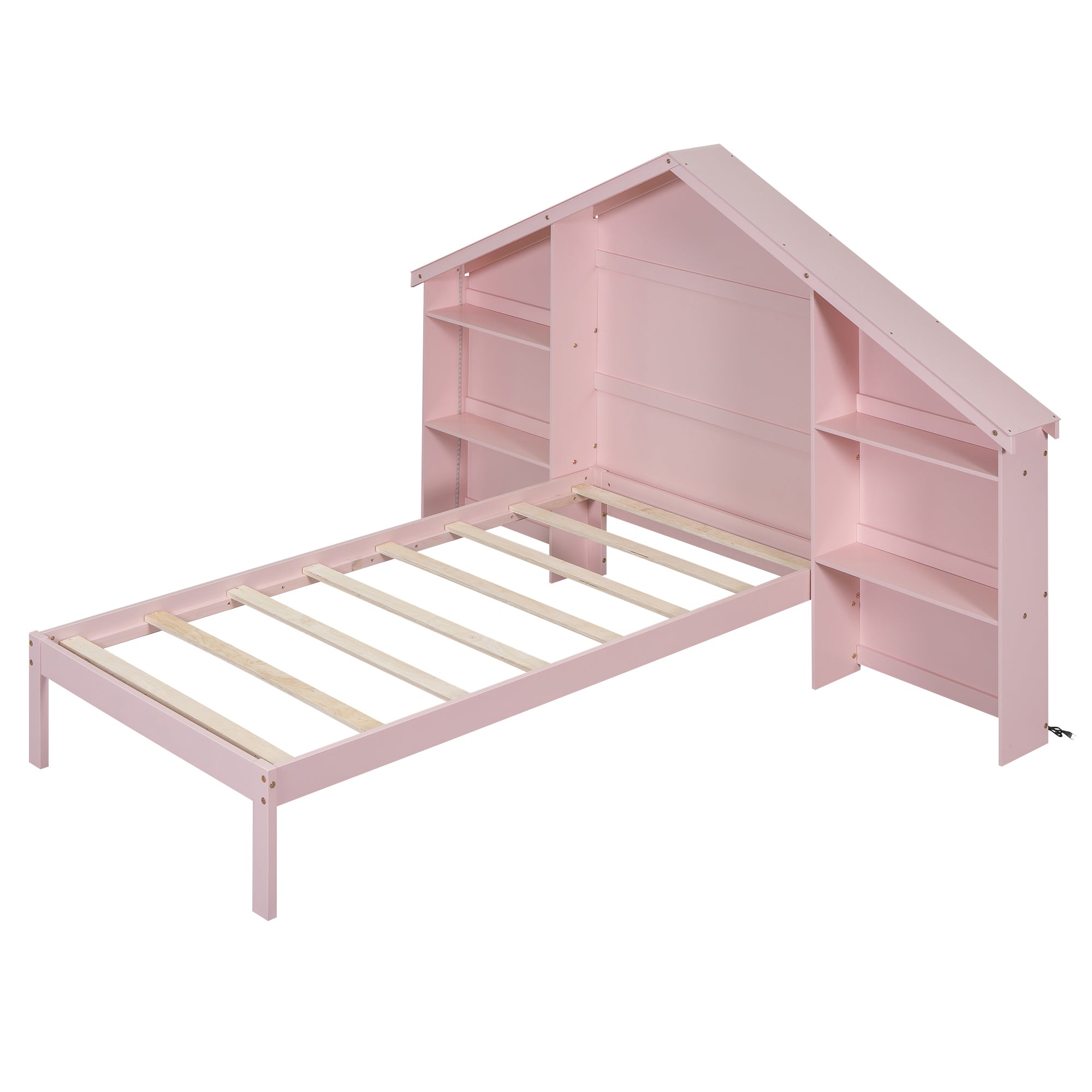 Wood Twin Size Platform Bed with House shaped Storage box spring not required-twin-pink-bedroom-bed