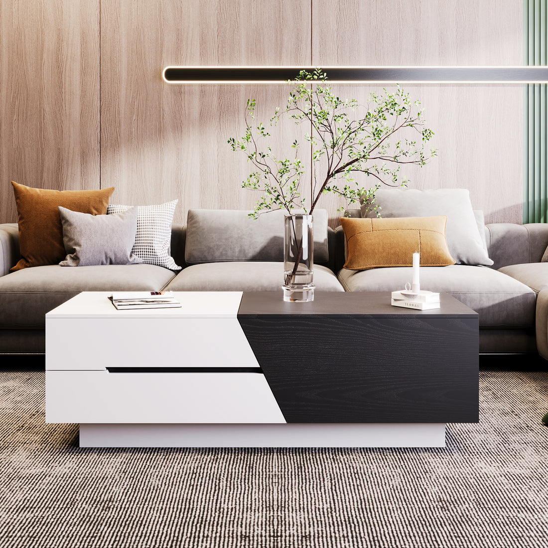 Modern Extendable Sliding Top Coffee Table With Storage In White&Black White Black Mdf