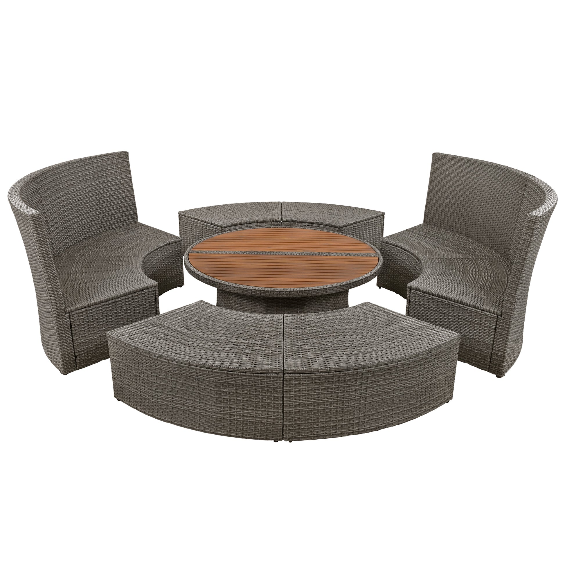 Patio 5 Piece Round Rattan Sectional Sofa Set All Weather Pe Wicker Sunbed Daybed With Round Liftable Table And Washable Cushions For Outdoor Backyard Poolside, Gray Yes Deep Seating Gray Water Resistant Frame Water Resistant Cushion Garden & Outdoor